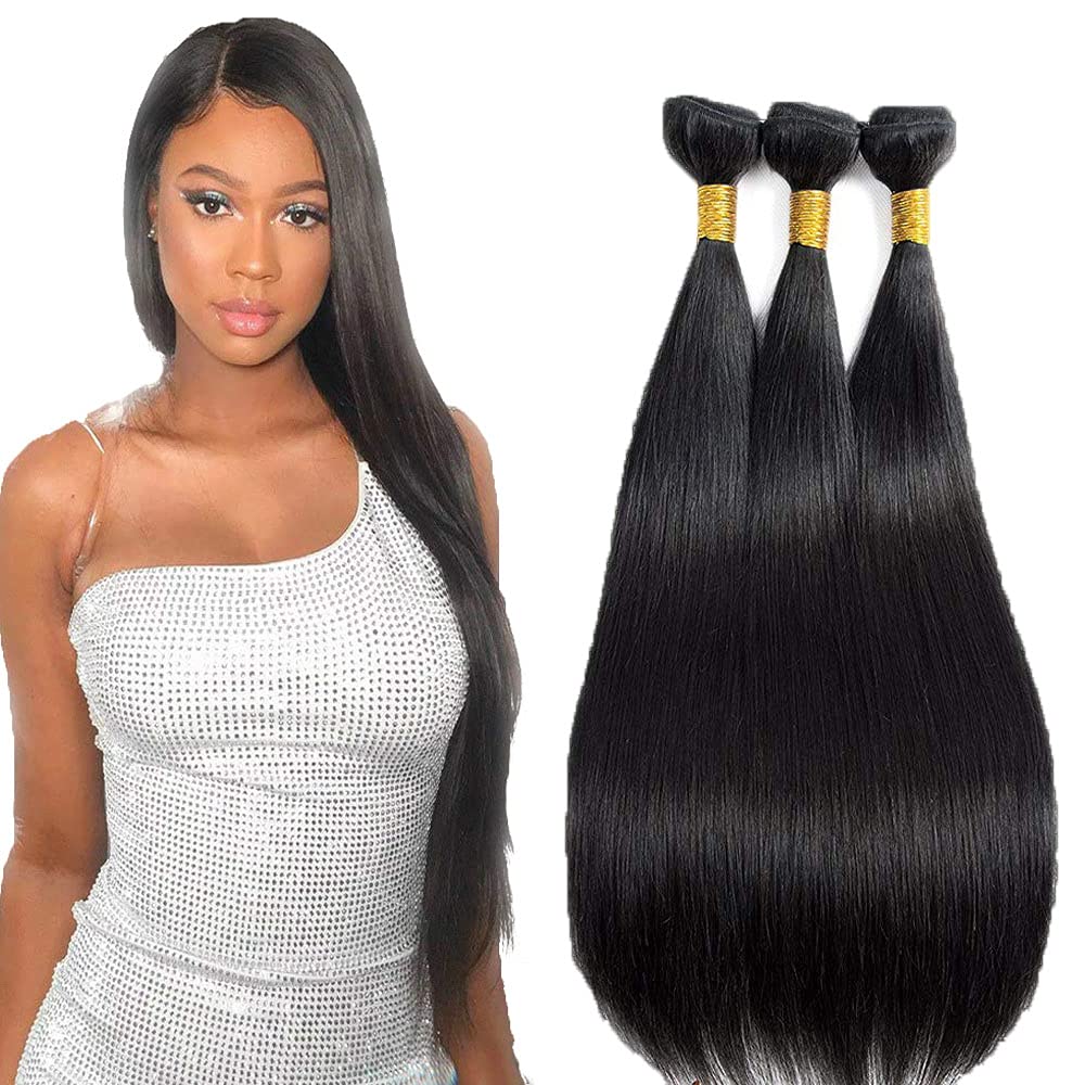 32 32 32 Inch Straight Bundles Human Hair Bundles #1B Natural Black Color Straight 3 Bundles Unprocessed Brazilian Virgin Weave Hair Extensions 50 Gram Per Bundle for Black Women