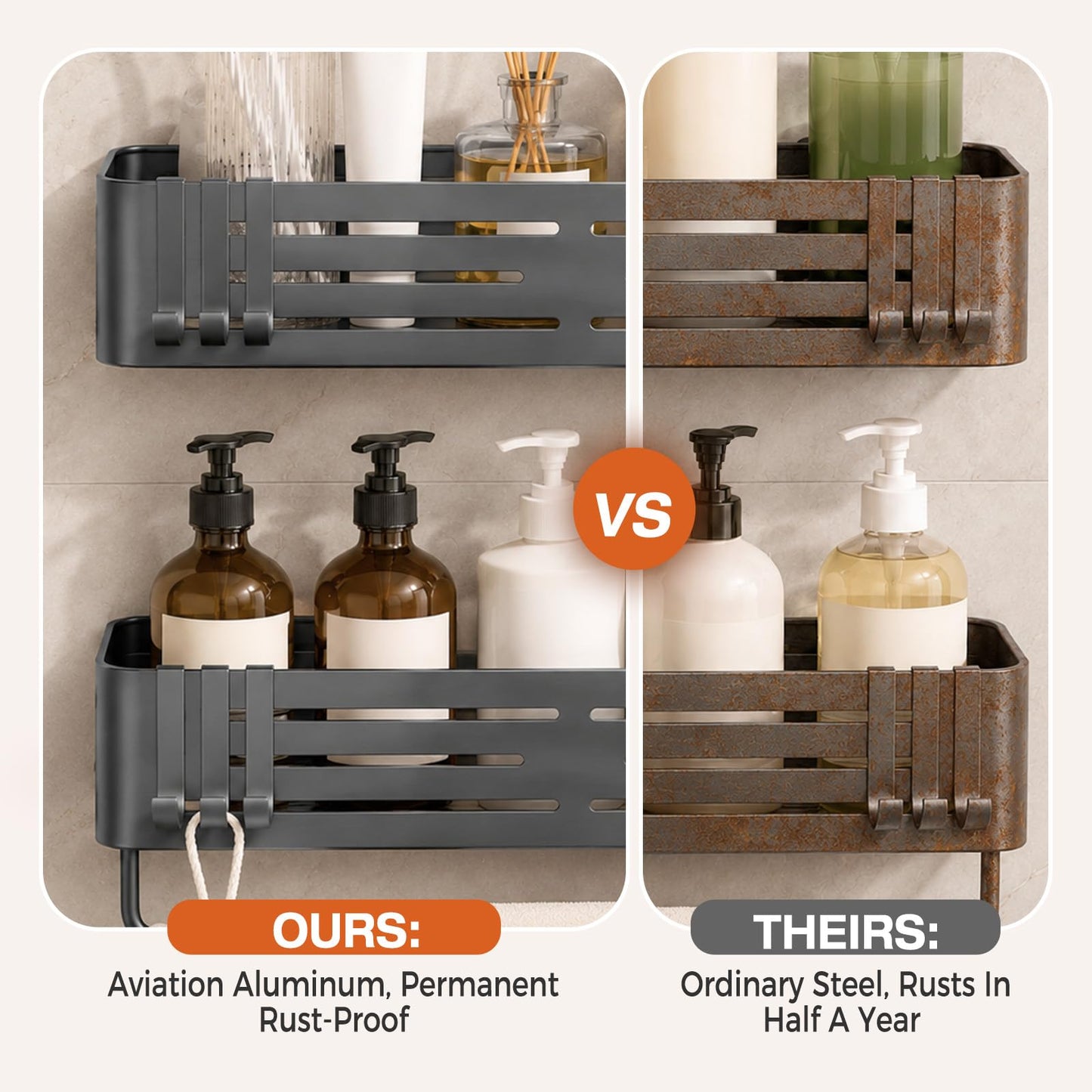 Lekesky Suction Cup Shower Caddy, No Drill Shower Shelf, Aluminum Rust Proof Bathroom Shower Organizer with 12 Hooks (2-Pack, Gunmetal Gray