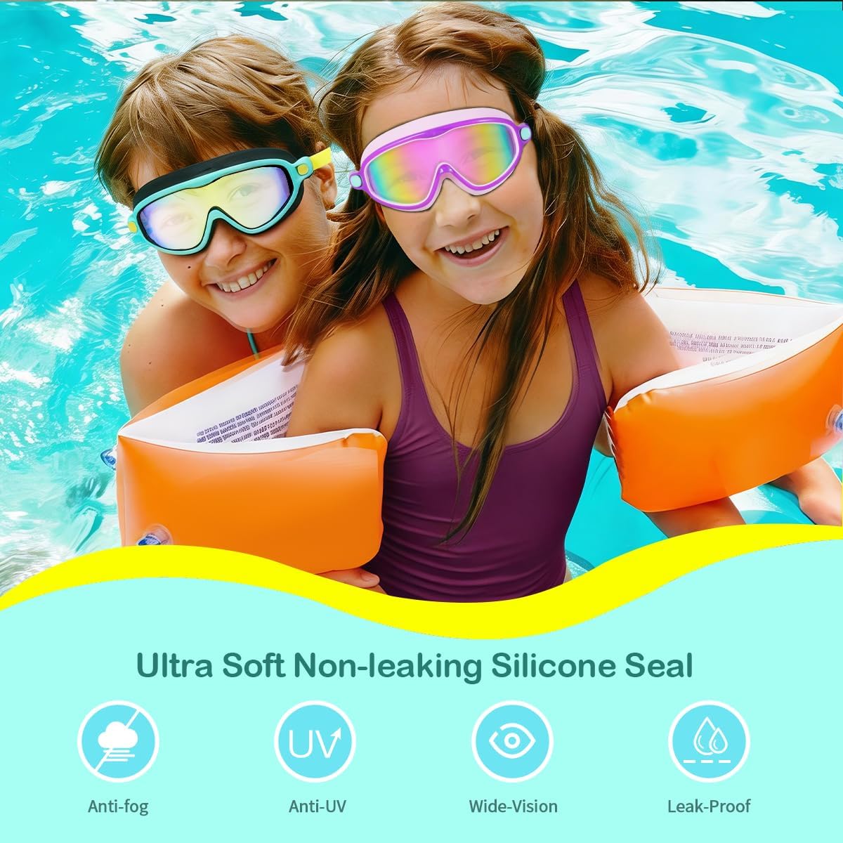 Swim Goggles for Kids 3-14 - Anti-Fog, Anti-UV, Wide View | 2 Pack