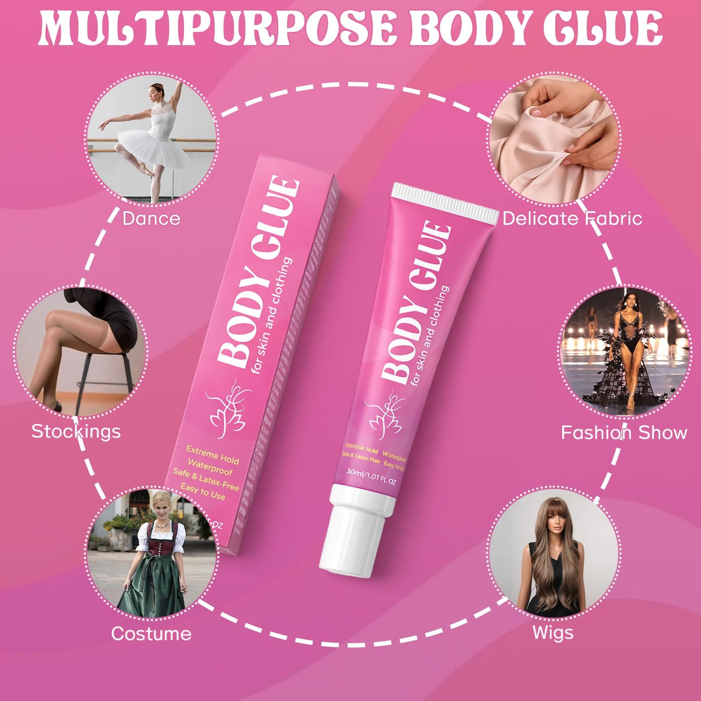 Body Glue for Clothes & Skin, Clear Body Adhesive, Strong Fashion Glue, Sweat Resistant, Water Wash Off For Dancers, Socks, Leotards, Bras, Wigs, Costumes, Hold All-Day 30 ML