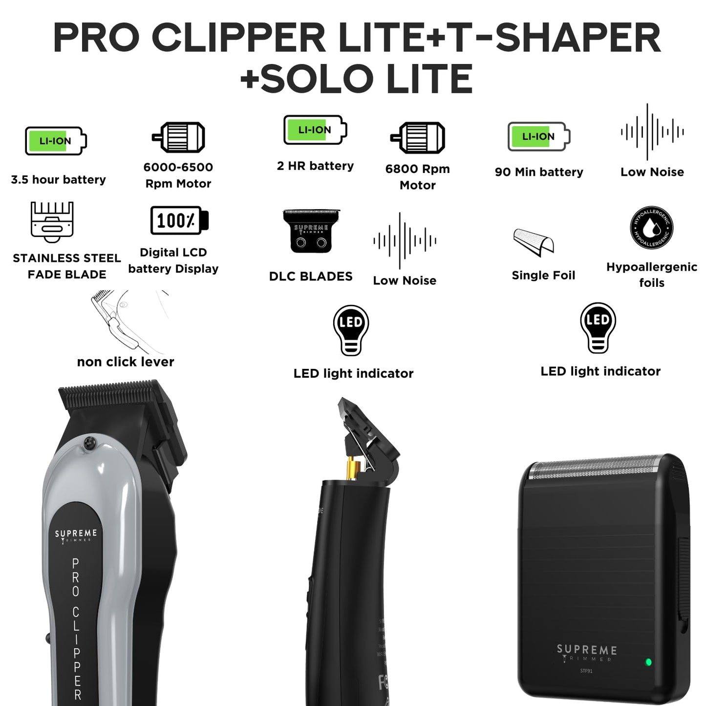 Supreme Trimmer 3-in-1 Barber Bundle | Pro Clipper Lite, DLC T-Shaper Trimmer, Solo Lite Foil Shaver | Professional Beard Trimmer/Clipper Kit | Value Bundle 2