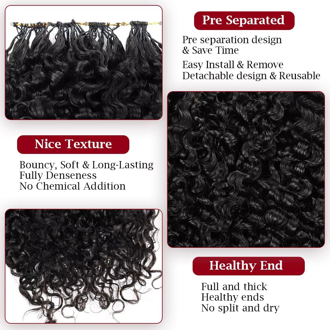 Miracle Invisible Knots Feather Human Crochet Hair 18 Inch 55g Pre-Looped for Burmese Curly (Open End) Natural & Bouncy Wave Invisible Seamless Knotless Soft BM Crochet Hair for Black Women (1B)