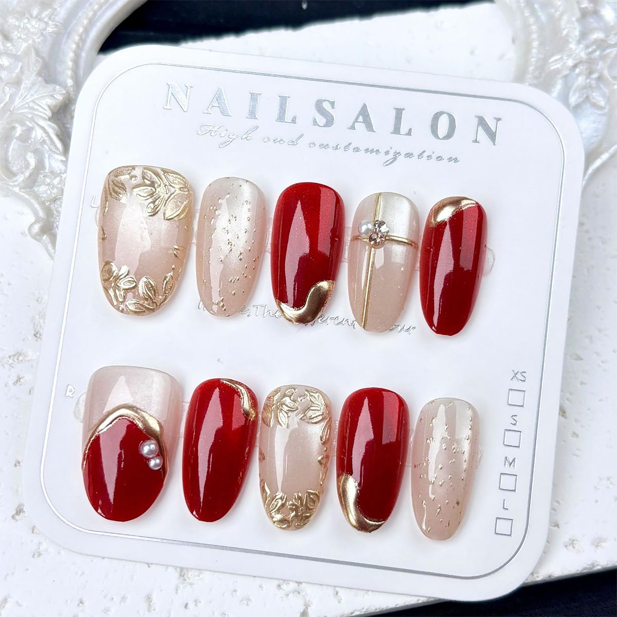 Gold Flower Press-On Nails - 24 Pcs Short Almond Design with 3D Pearl & Glitter | Reusable Acrylic for Weddings & Parties