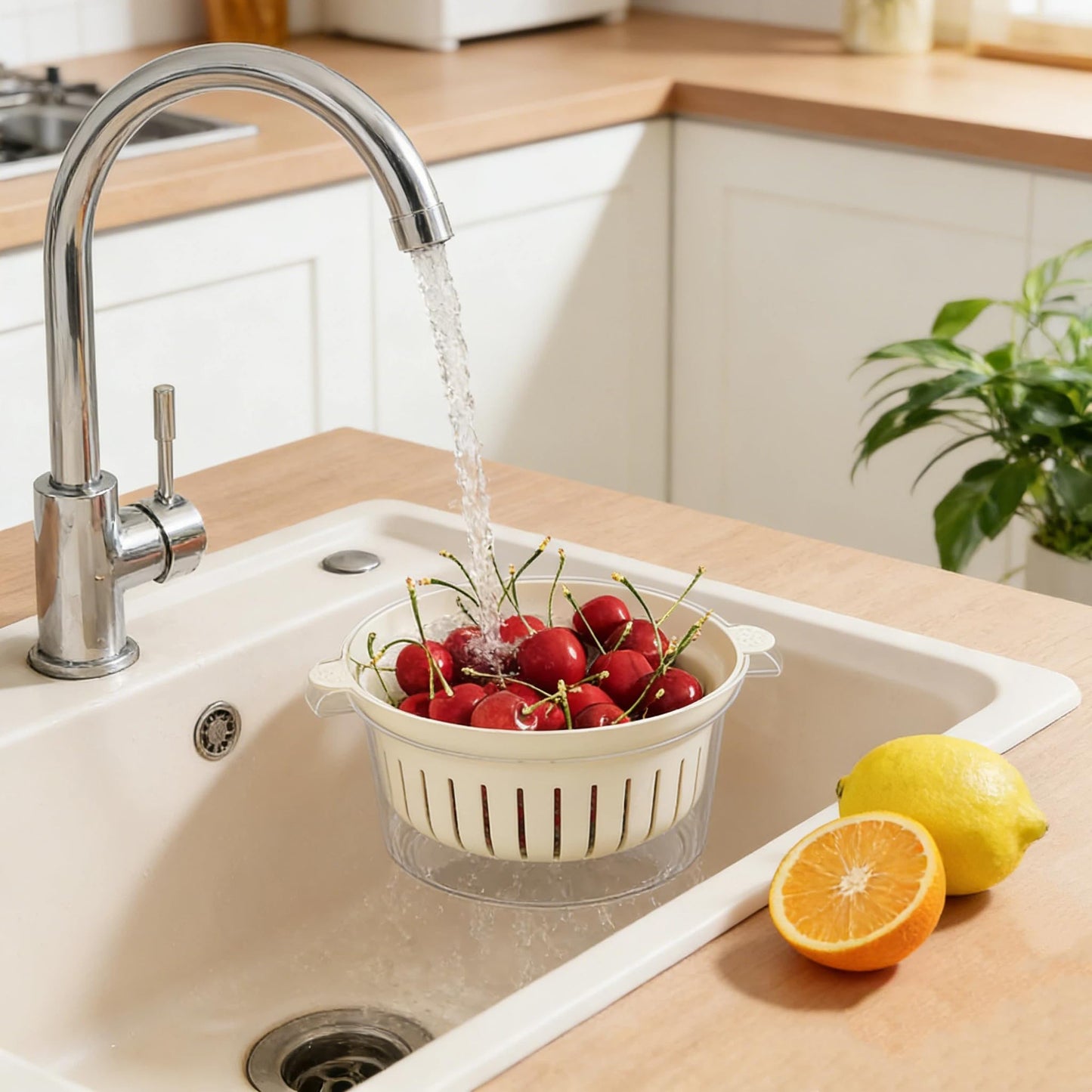 Fruit Drain Basket Set, Dual Layer Kitchen Colander with Drain Bowl for Washing Fruits Vegetables Pasta, Lightweight Food Strainer with Handles and Transparent Base for Home Kitchen Use