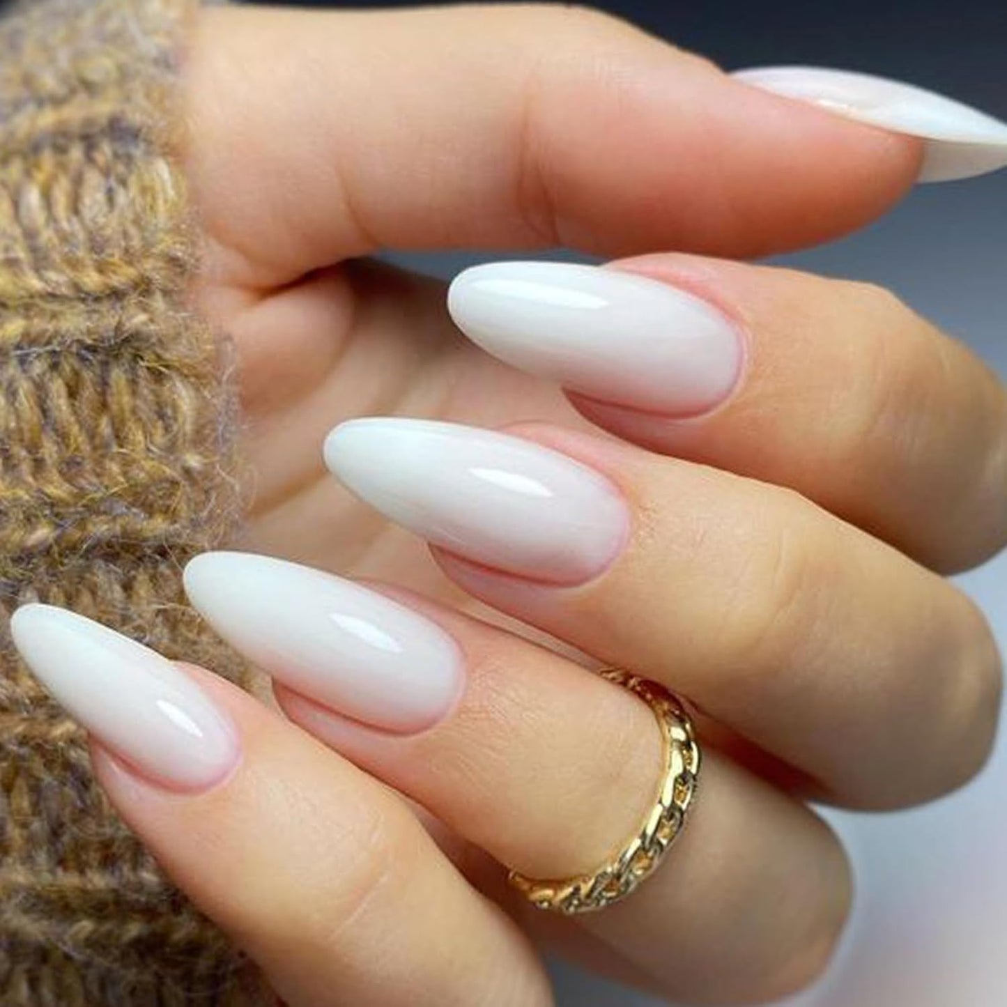 Press On Nails | Medium Almond White Ombre Gel False Nails - Reusable Short Stiletto & Oval Acrylic Manicure Set
