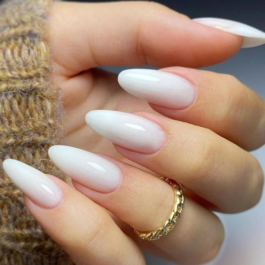 Press On Nails | Medium Almond White Ombre Gel False Nails - Reusable Short Stiletto & Oval Acrylic Manicure Set