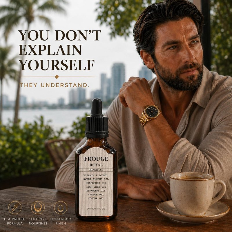 Frouge Beard Oil for Men Growth – Luxury Scented Beard Growth Oil with Argan Oil, Jojoba & Almond Oils – Lightweight Non-Greasy Beard Oil, Softens & Strengthens Beard – 30ml