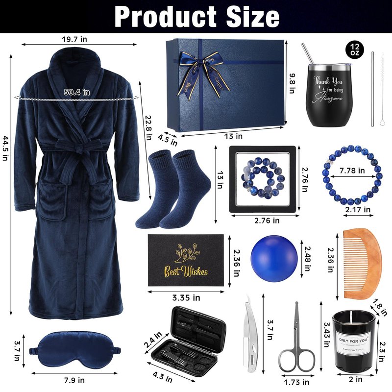 Nuogo 15 Pcs Birthday Gifts for Men Beard Care Set for Him Dad Birthday Gifts Basket Ideas Kit for Men Tumbler Bath Robe for Father's Day Dad Husband Boyfriend Box(Unhooded,Navy)