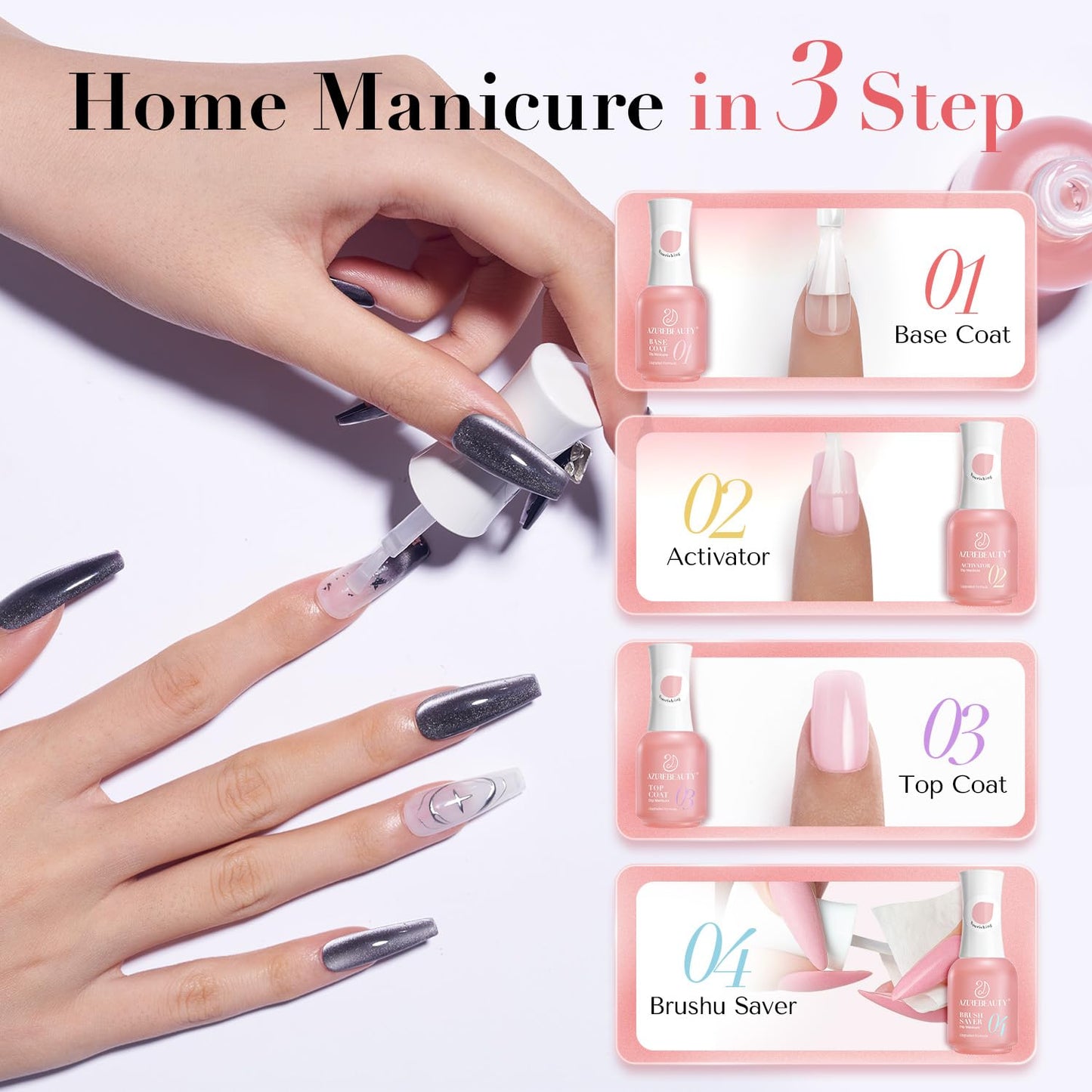 AZUREBEAUTY Dip Powder Liquid Set – Upgraded Care Formula, 4+4Pcs 15ml/0.5oz Base Coat, Activator, Top Coat & Brush Saver, Nail Strengthener with Keratin & Calcium, Low Odor DIY Home Salon