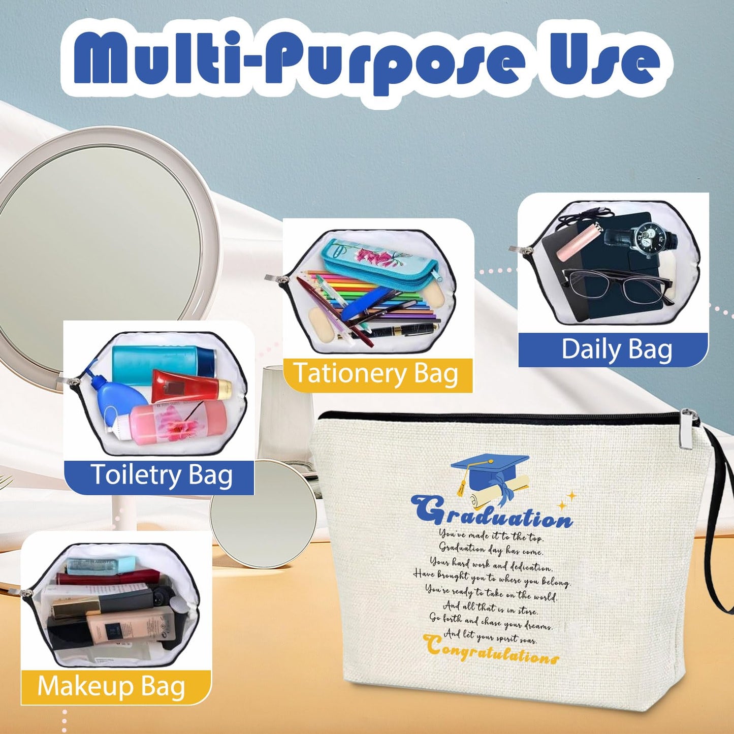 Virfuntaki Graduation Congratulation Gift for Her Class of 2026 Gifts to Friend Daughter Master PHD Degree Gift University College Grad Gifts Graduation Decorations Travel Vacation Makeup Bag Girl