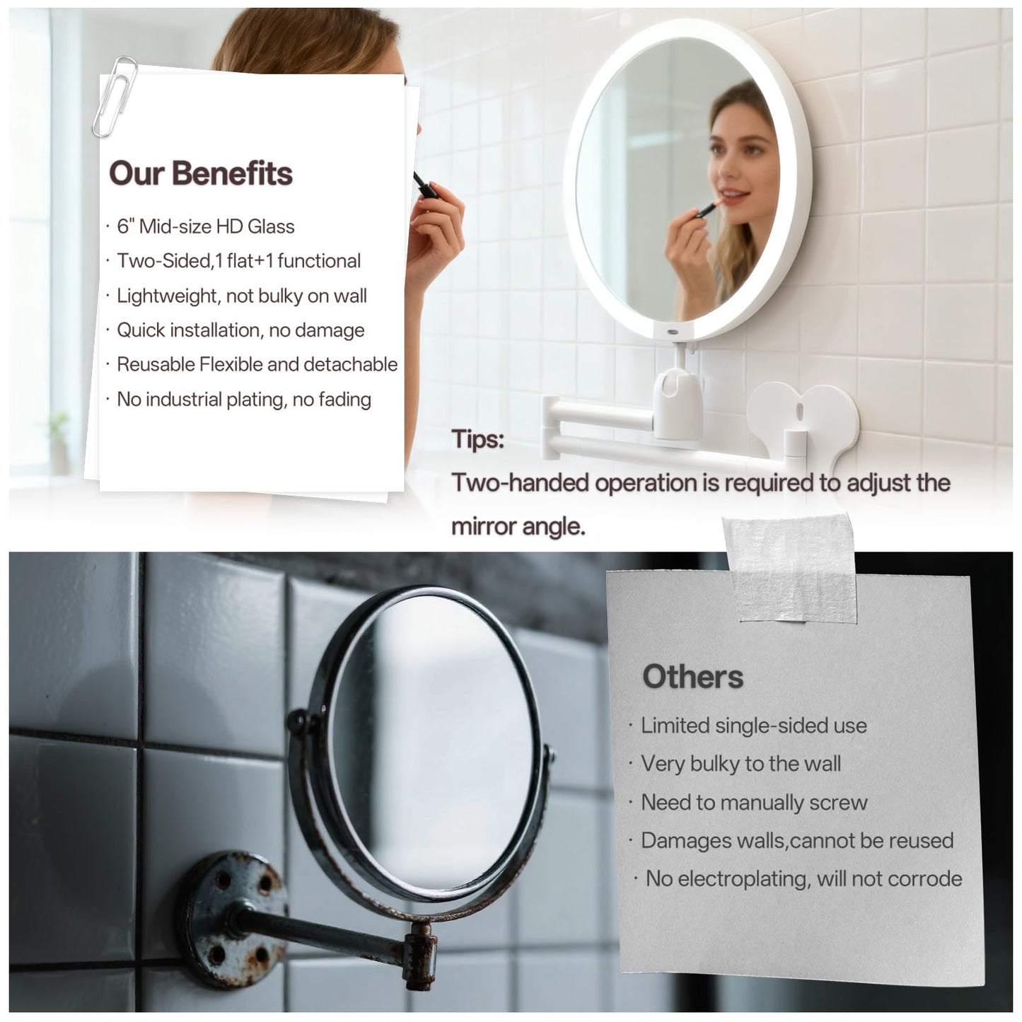 6" Led Wall Mounted Makeup Mirror Double Sided 1/30X, 1-Second Install Lightweight Compact Wall Mirror with Light, Rechargeable Extendable Magnifying Mirror for Bathroom, Wall Vanity Mirrors (1+30X)