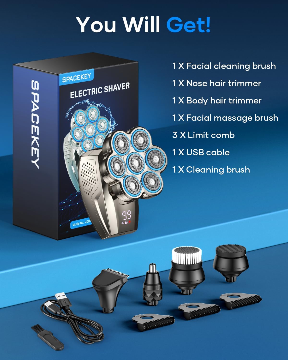 7D Head Shaver for Bald Men - 5-in-1 Waterproof Electric Razor | LED Display, Type-C Charge, Gunmetal