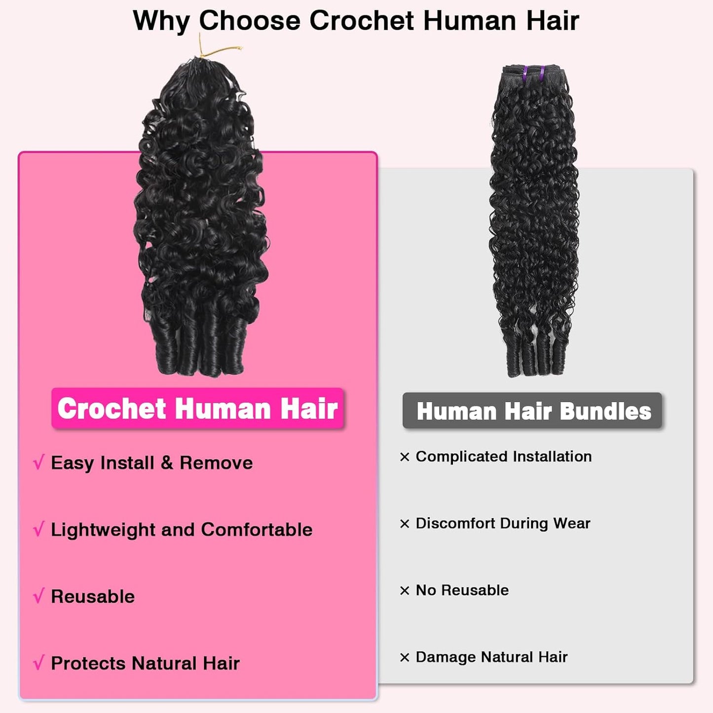 Burmese Curly Crochet Hair Extensions - 20 Inch, 120g, Knotless, Lightweight Remy Hair in Natural Black