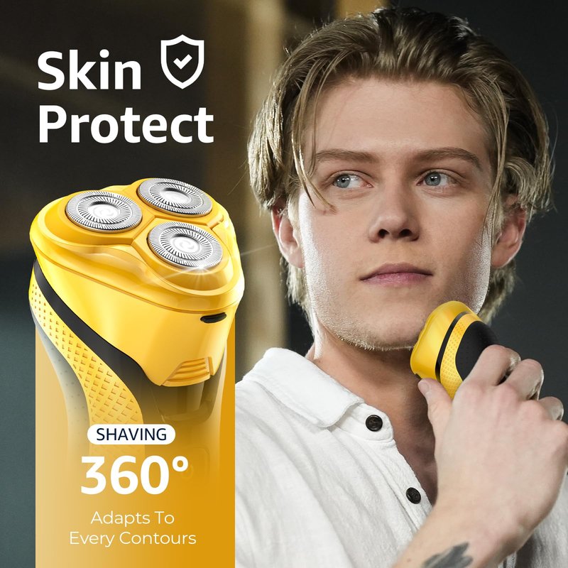 rategist Rechargeable Electric Razor for Men: 3-in-1 Shaver for Beard/Nose/Sideburns - IPX7 Waterproof Travel Kit - Turbo Speed & Precision Blades,Cyber Yellow