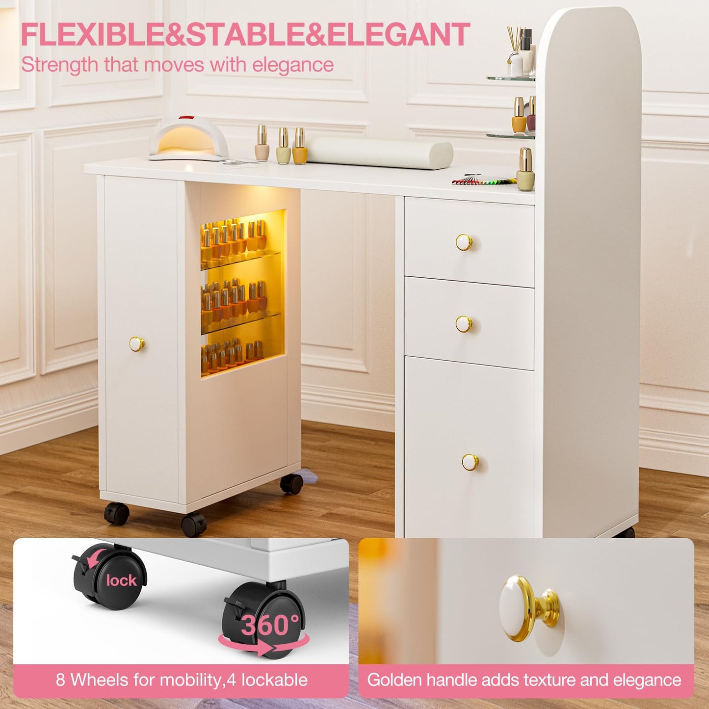 TTGIEET Professional Nail Desk for Nail Tech w/LED Light Display Cabinet, Rolling Manicure Table with Lockable Wheels, Storage Drawers, Wrist Cushion, Acetone Resistant, for Beauty Salon, Spa & Home