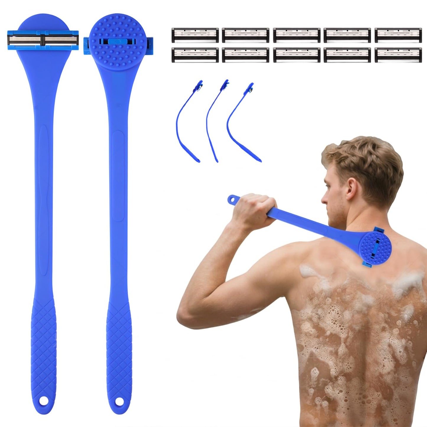 Back& Body Shaver for Men,Back Hair Trimmer for Men with Long Bendable Ergonomic Silicone Handle,10 of The Wet or Dry Disposable Razor Blades,Bath Brush Included(Blue)