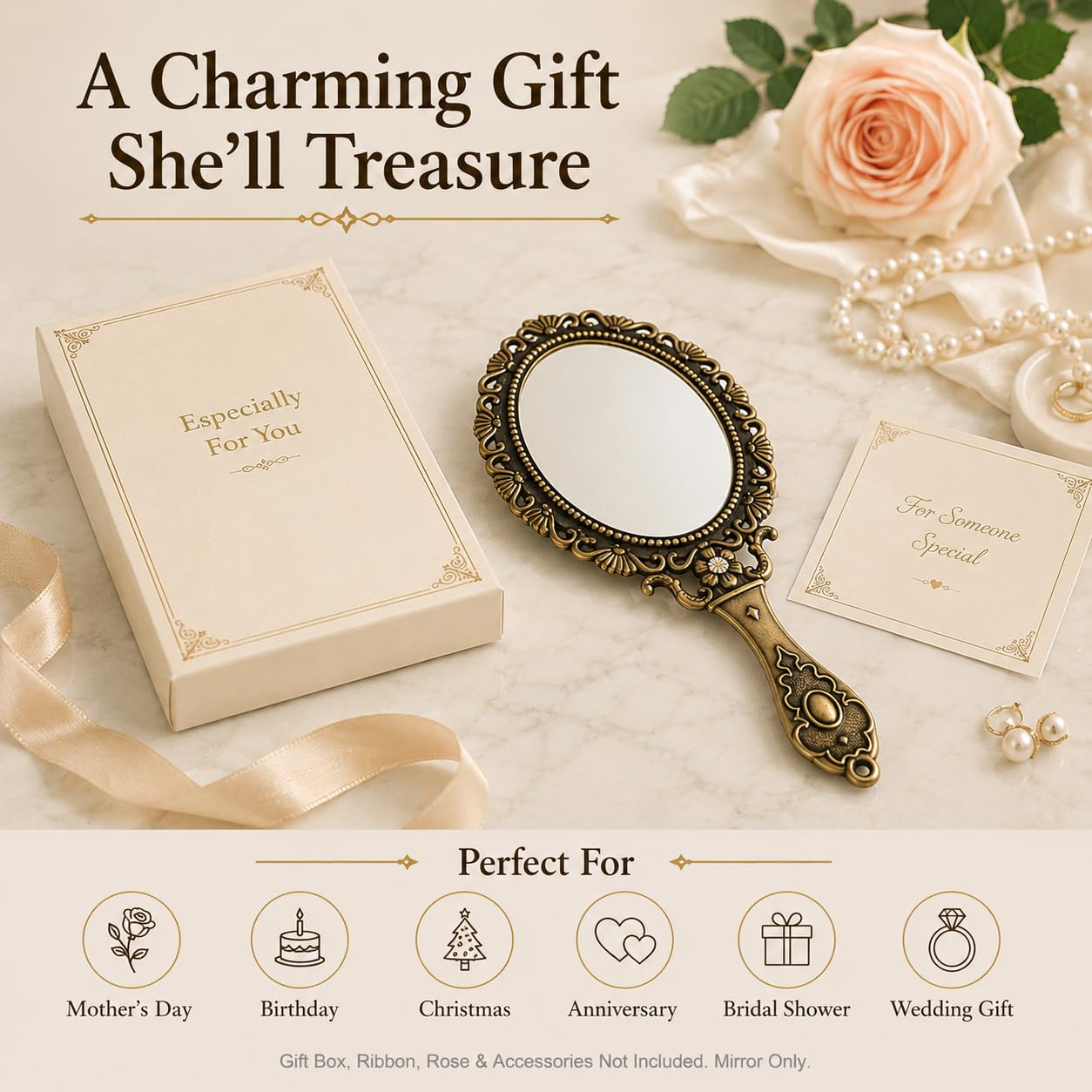 SEHAMANO Hand Mirror with Handle Compact Handheld Makeup Mirror Rose Cosmetic Clear Mirror (Matt Gold (Brass))