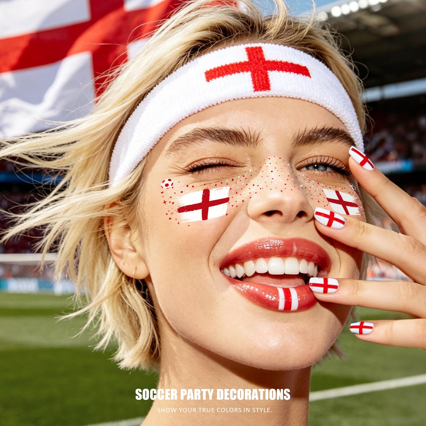 VXZ Red & White Soccer Fan Freckles Face Tattoo - Cross Flag Brushstroke Temporary Tattoos | Waterproof Sports Sparkle Stickers for Football Matches & Game Day Celebrations (8 Sheets)