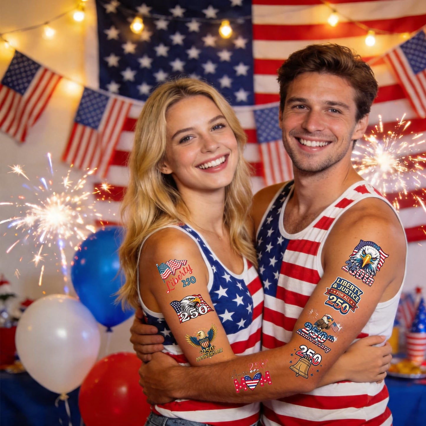 250th Anniversary Temporary Tattoos Set-100 pcs 4th of JulyPatriotic USA 1776–2026 Birthday Tattoos for Adults & Teens,America 250 Decorations Independence Day Party Favors