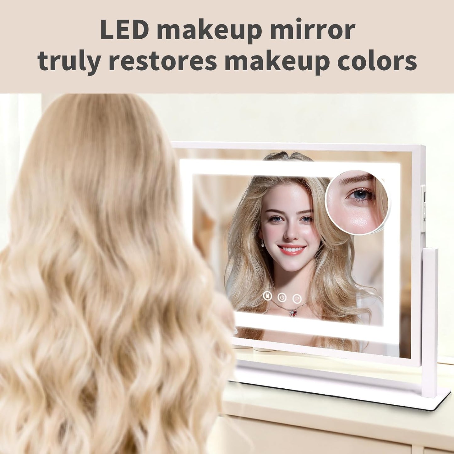 Lighted Makeup Mirror with Touch Control - 3 Color Modes, 10X Magnification & Dimmable LED | 24x19 Inch Desktop Mirror