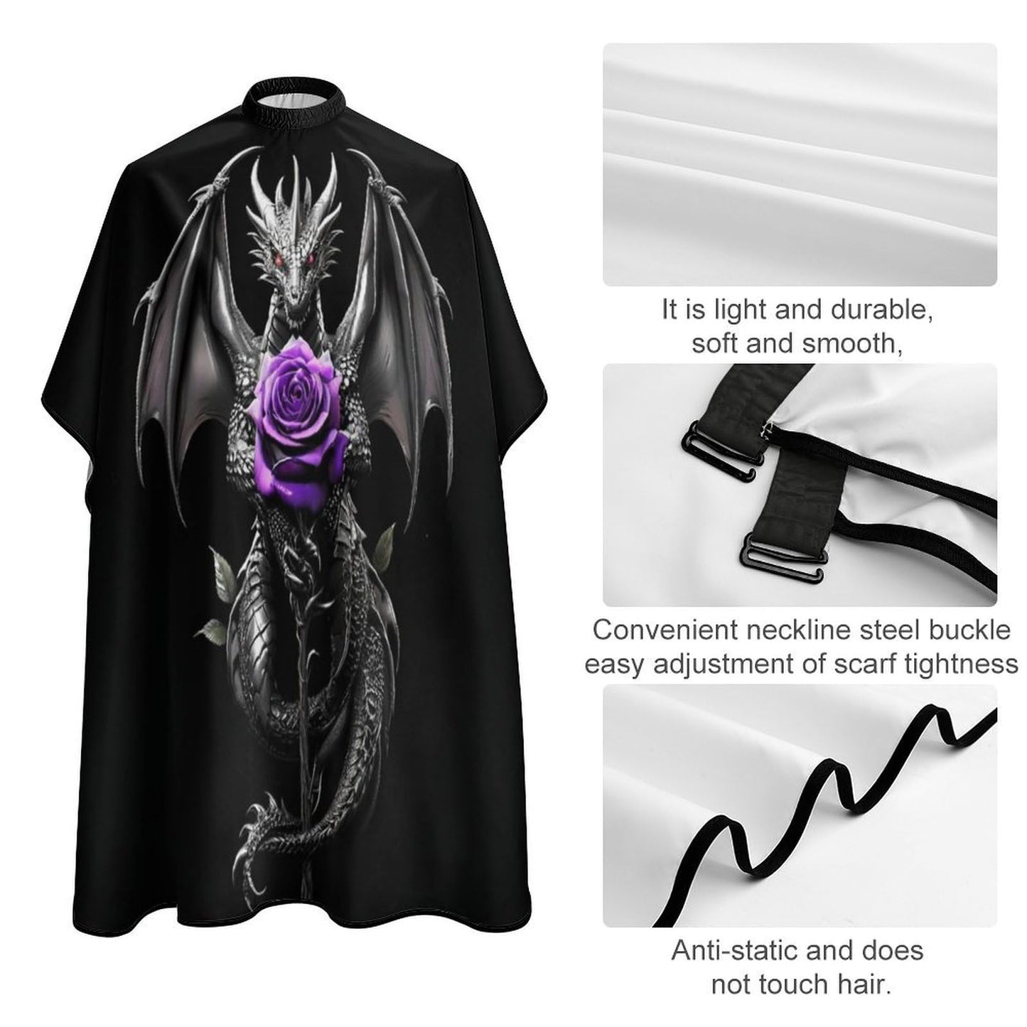 Fashion Professional Hair Cutting Cape with Adjustable Closure, Cool Dragon Purple Rose Black Barber Cape