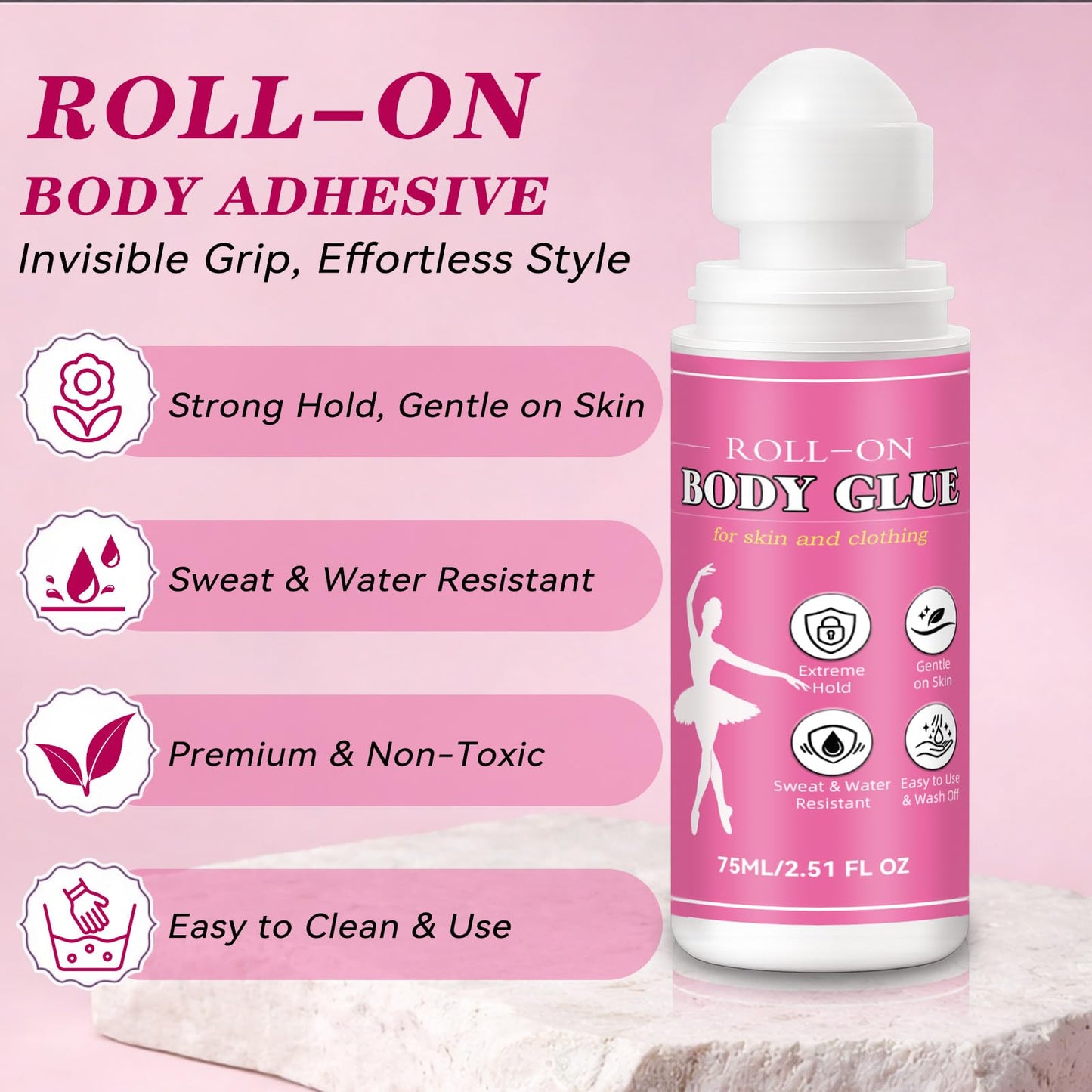 Body Glue for Clothes & Skin 2.54 Oz, Roll-On Body Adhesive, Sweat Resistant, Skin-Friendly and Washable Fashion Glue, Fabric-Safe Fashion Tape Glue for Dancers, Socks, Leotards, Bras, Wigs & Costumes