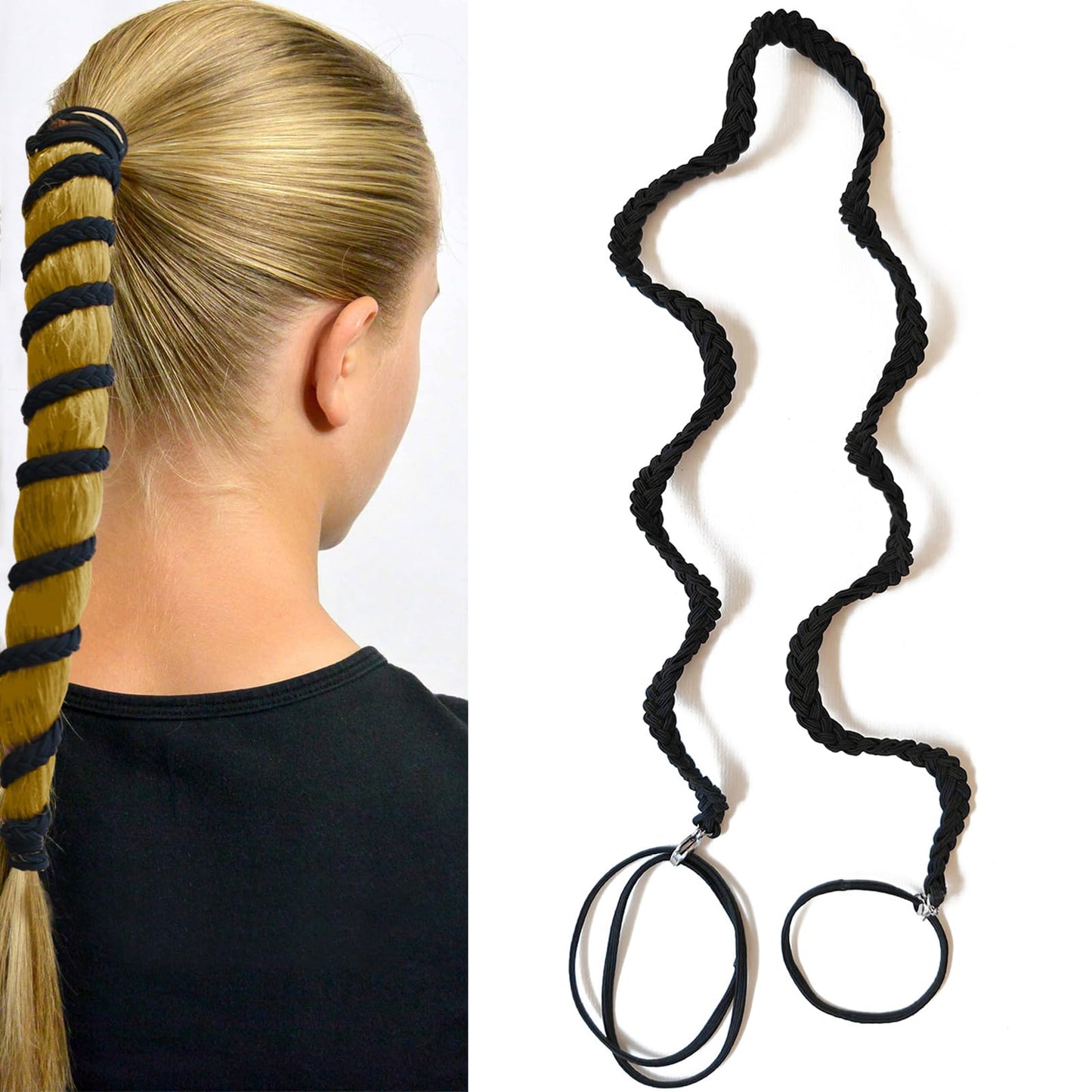 Black Elastic Spiral Hair Ties for Long Thick Curly Hair, 34" Soft Ponytail Holders Braided Pony Tails Wrap Hair Tie for Women Girls Stretchy Hair Bands for Swimming Beach Workout Bike GYM- Single