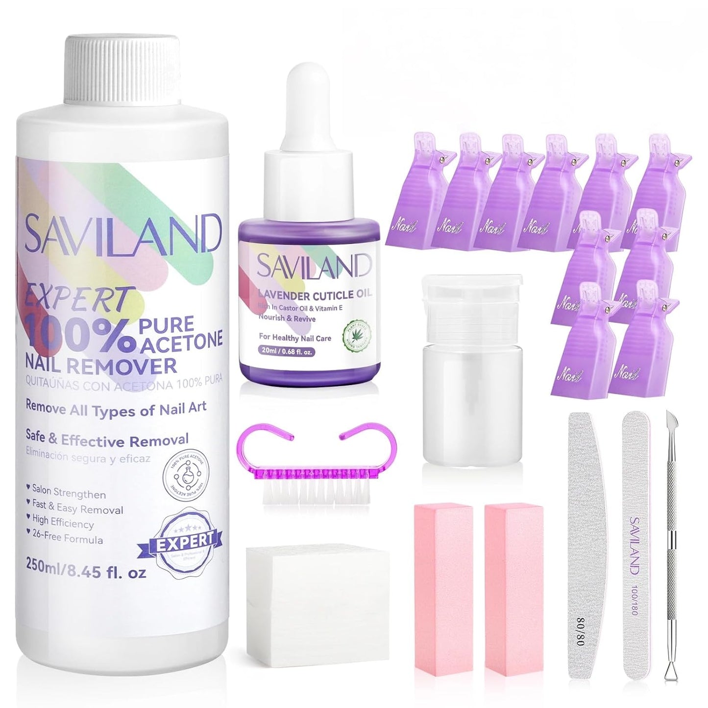 SAVILAND Pure Acetone Nail Polish Remover Kit - 8.45oz Gel & Acrylic Remover with Cuticle Oil, Files & Scraper for Easy Home Use