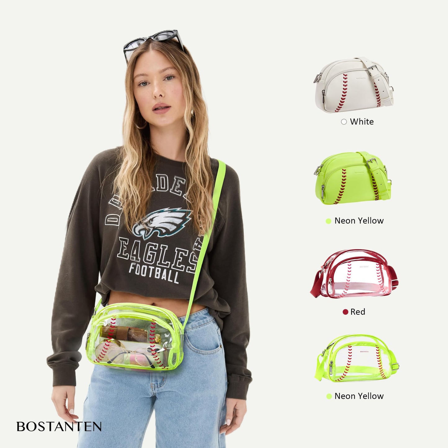 BOSTANTEN Baseball Crossbody Purses for Sport Mom Small Shoulder Bag Vegan Leather Women Handbags for Events White