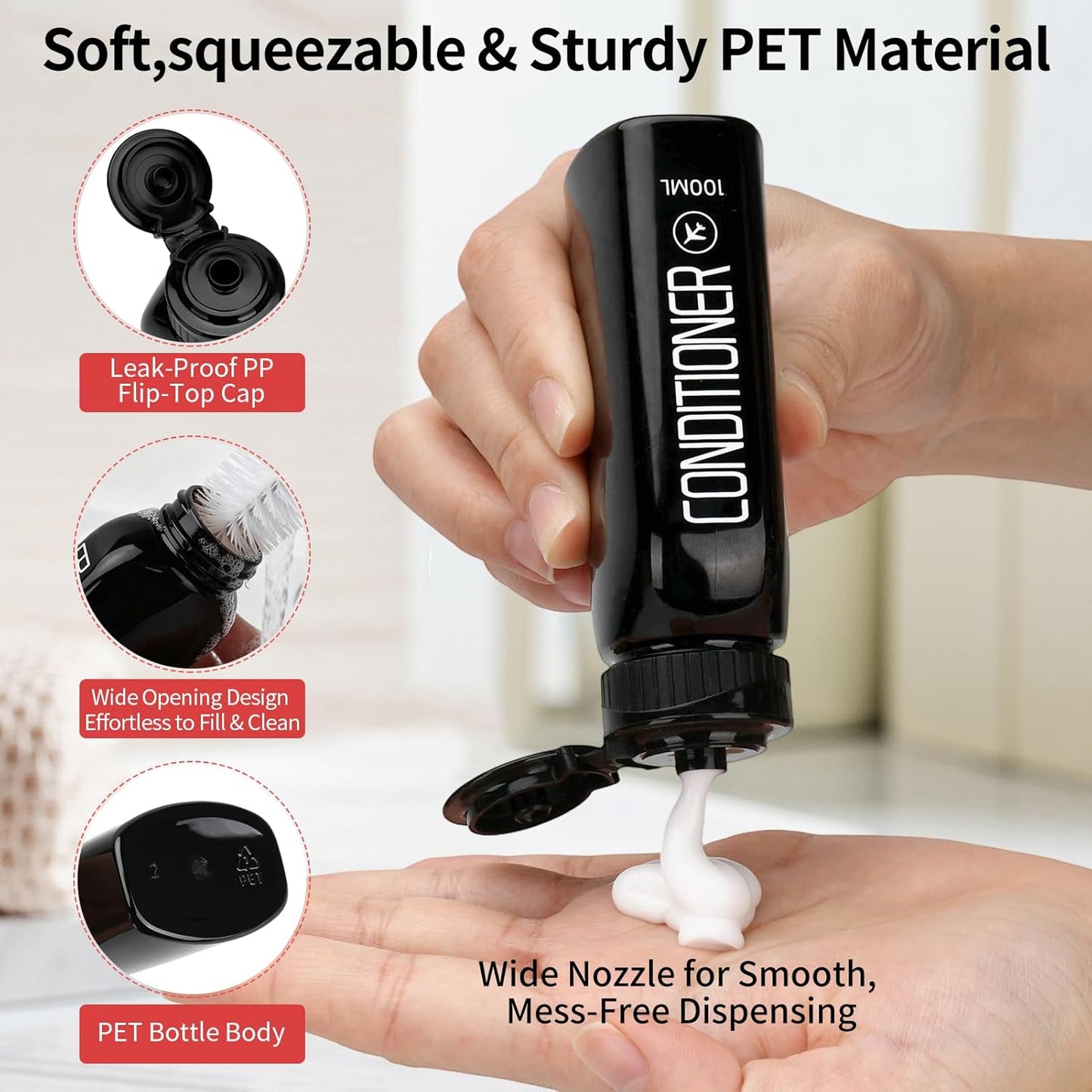 Travel Toiletry Bottles Set - 10PCS Leakproof 100ml/3.4oz & 2oz TSA Approved | Black Refillable Containers