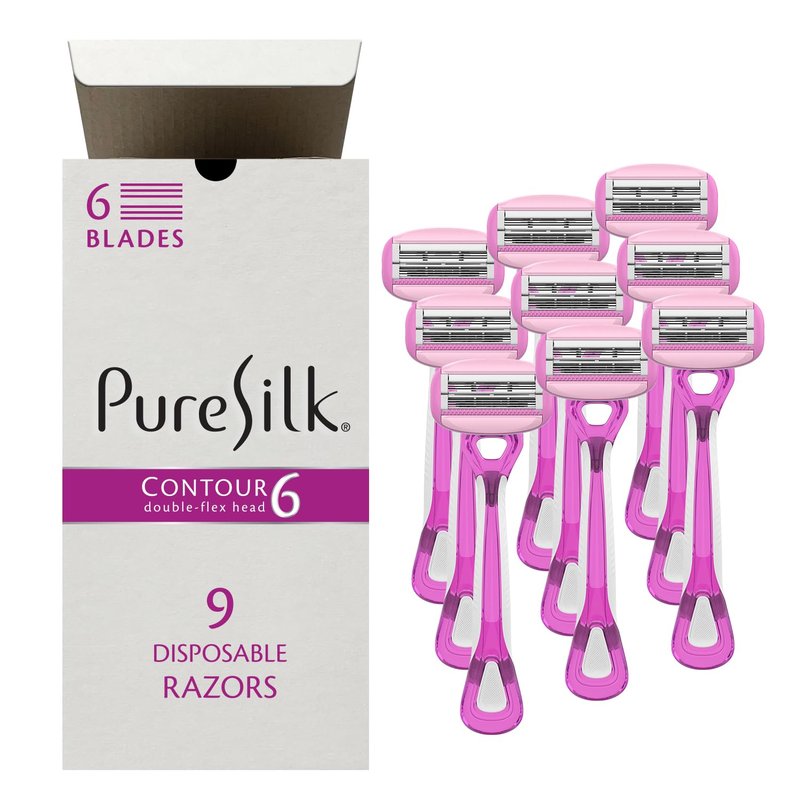 Pure Silk Contour 6 Disposable Razors for Women | 6-Blade Premium Razor Value Pack | Double-Flex Pivoting Head, Dual Moisture Bars Infused with Aloe, Vitamin E, Argan Oil | 3 Packs (9 Total Razors)