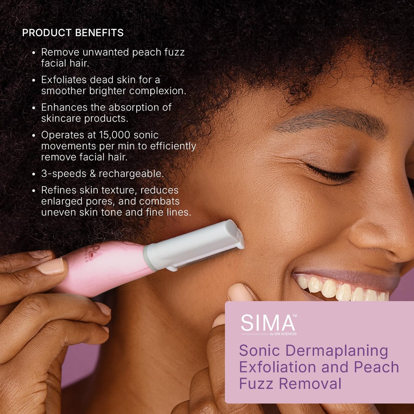 SIMA Dermaplane Razor for Women | Painless 2-in-1 Facial Exfoliation & Hair Removal - Rechargeable, 3 Speeds