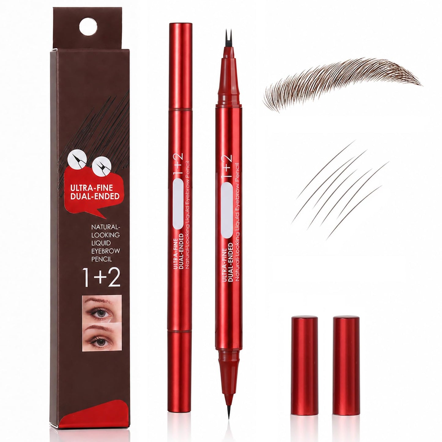 Dual-Ended Faux Brow Pen, Hair-Like Liquid Eyebrow Pencil with Double-Brush Tip & Precise Single Tip, Fast & Easy Makeup for Sparse Brows, Waterproof & Smudge-Proof Eyebrows Dark Brown