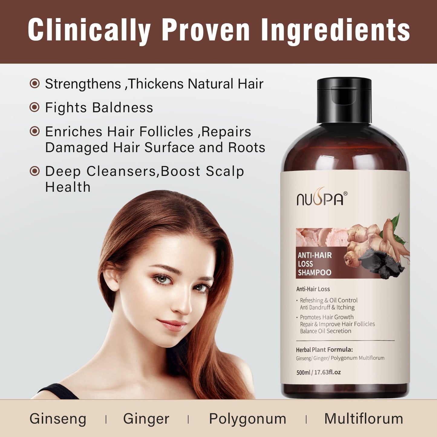 5 in 1 Herbal Anti Hair Thinning Shampoo, 100% Natural Organic Hair Wash Anti Hair Loss Shampoo Infused with Ginger,Ginseng, Polygonum Multiflorum,Regrowth HairCare Treatment For Women Men,Daily Use