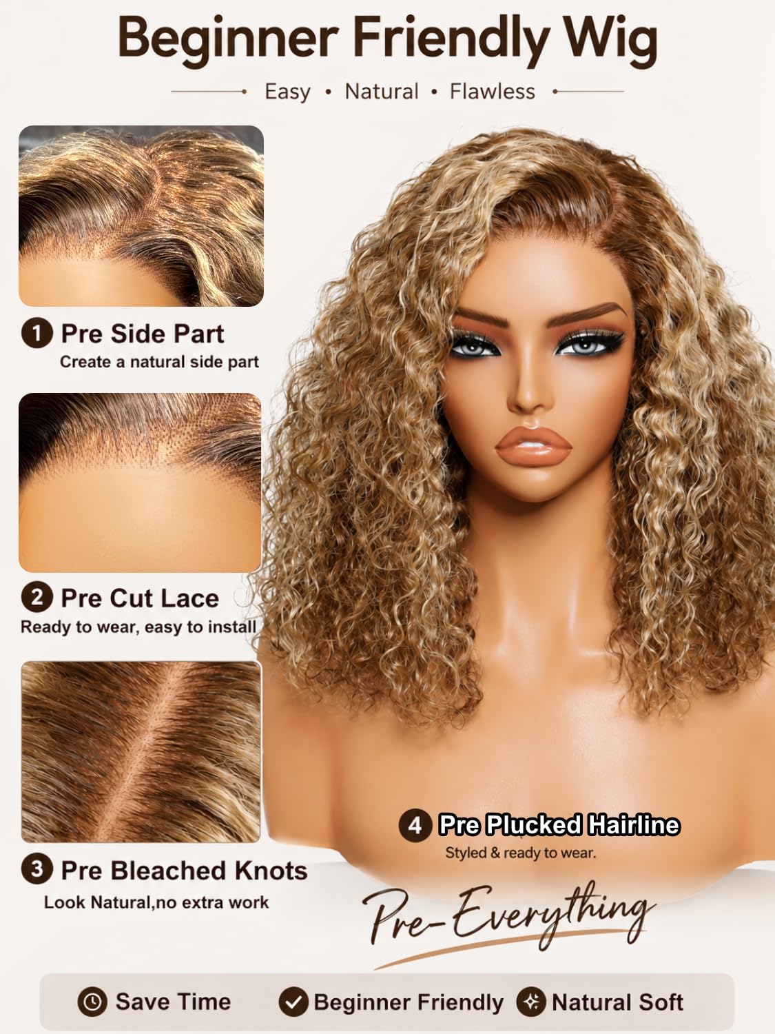 UNICE Glueless Curly Bob Wig Human Hair, Honey Blonde Highlight Side Part Short Bob Wig, 7x5 Lace Front Wig Pre Plucked Bleached Knots, Drawstring Wig Ready to Go, 180% Density 10 Inch