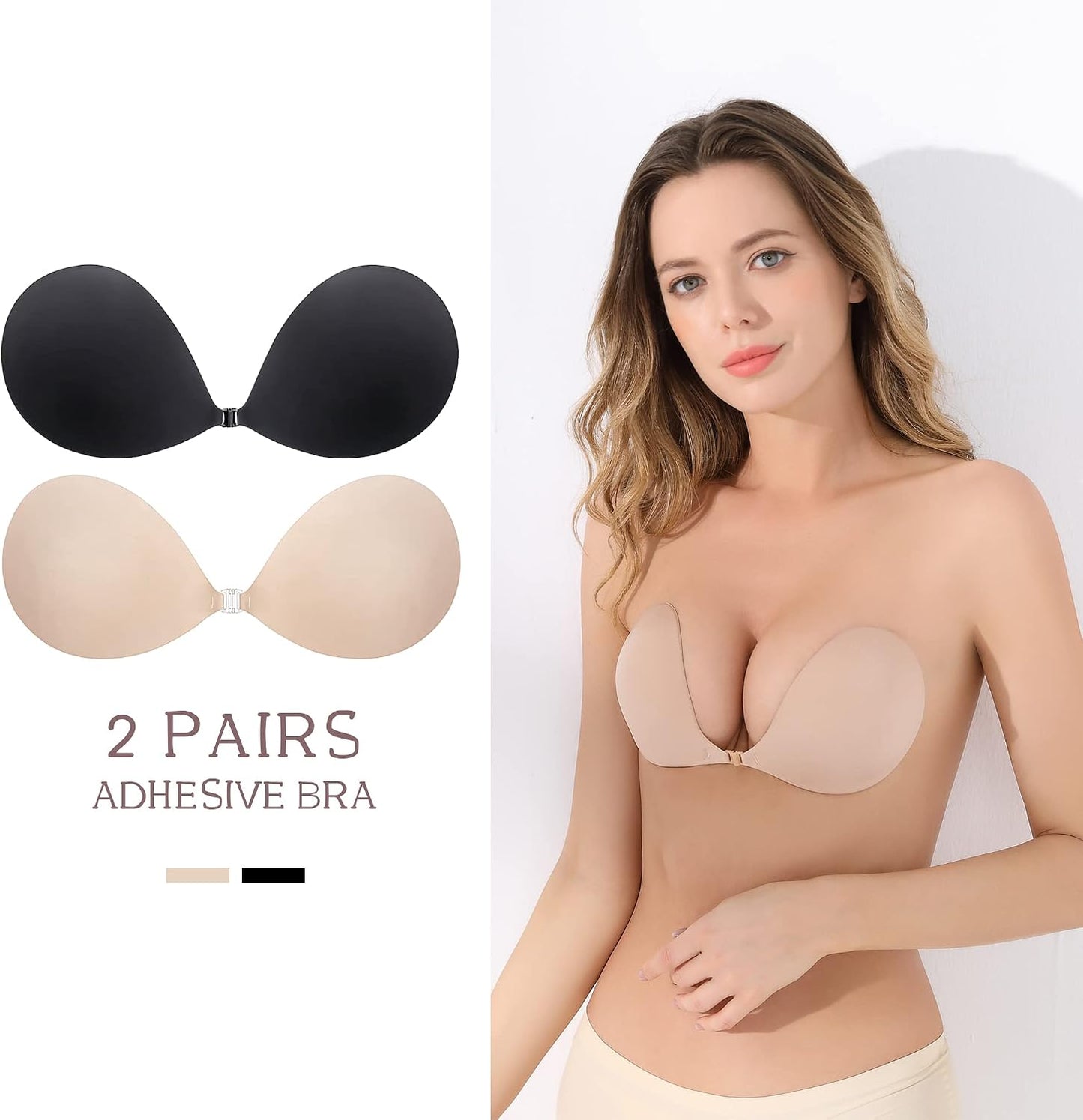 Push Up Sticky Bra - 2 Pack Reusable Invisible Backless Strapless Bra with Nipple Covers | Ultra Adhesive