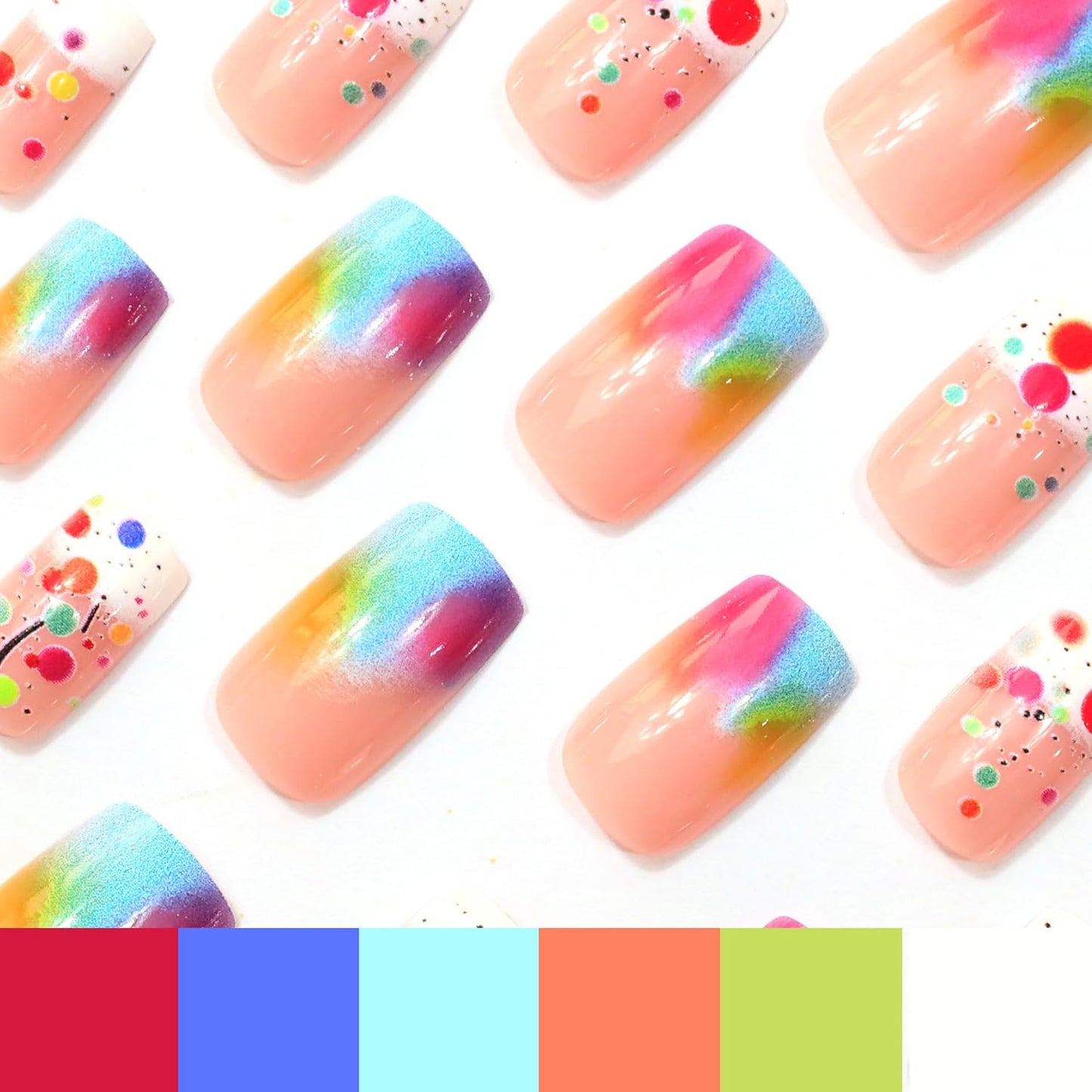 Ombre Press-On Nails - Medium Square Acrylic Nails with Colorful Polka Dots | 24 Pcs Full Cover Set for Summer Manicure