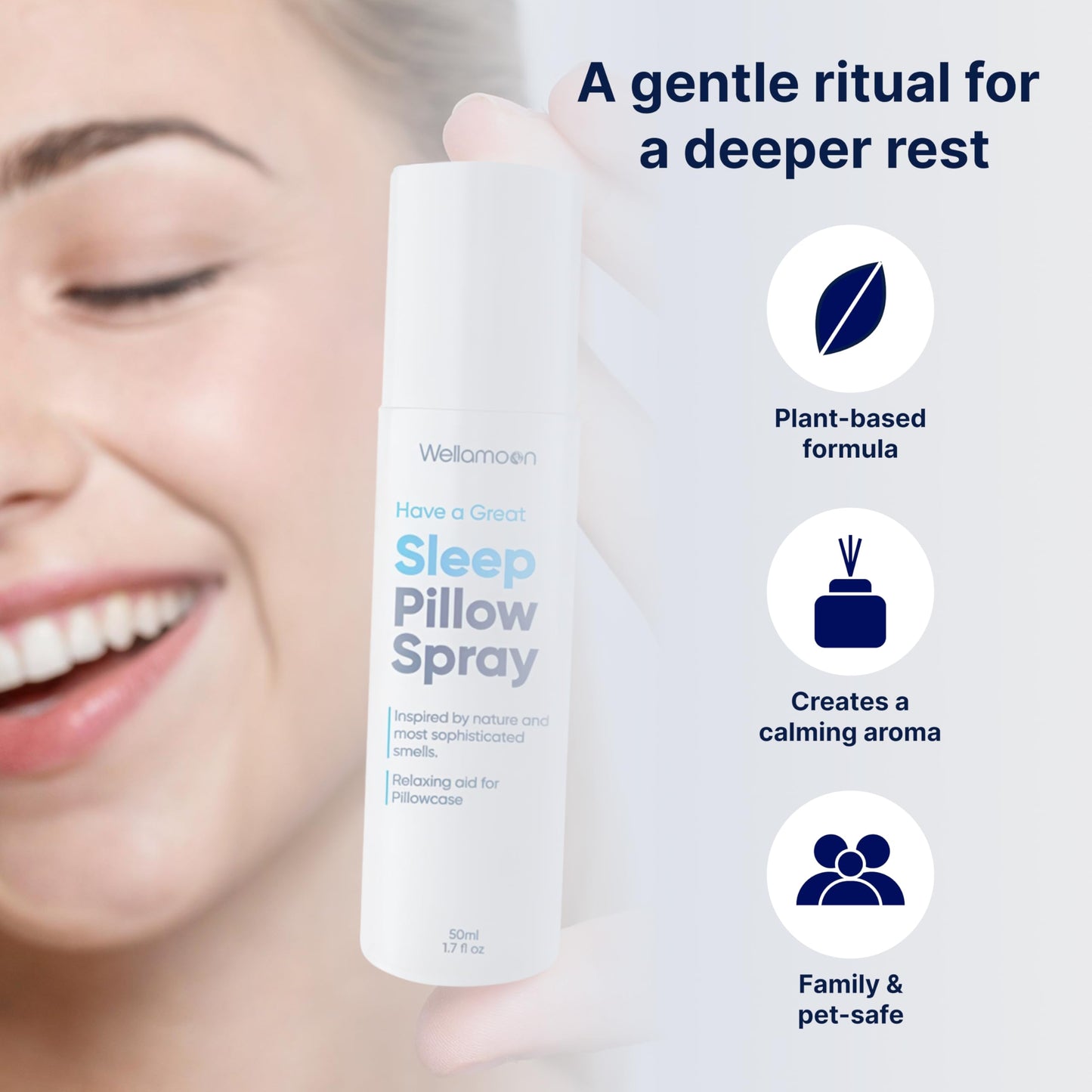Wellamoon Sleep Spray - Calming Lavender Pillow Mist for Relaxation & Deep Sleep - Aromatherapy Bedding Spray Helps You Fall Asleep Faster - Soothing Bedtime Essential Oil Blend (50 ml.)