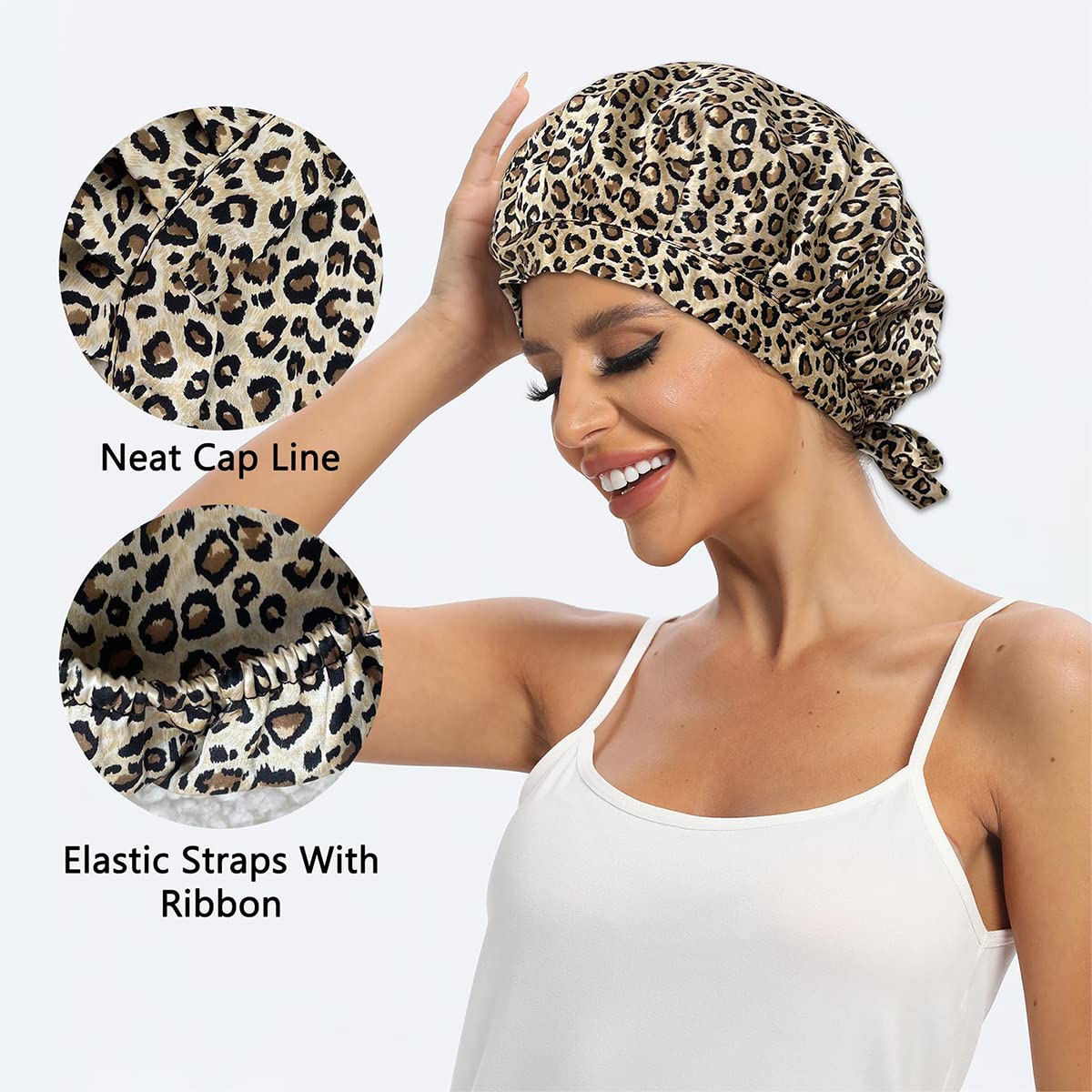 100% Mulberry Silk Bonnet for Sleeping - Double Layer Adjustable Hair Cap | Breathable Leopard Print, 19 Momme