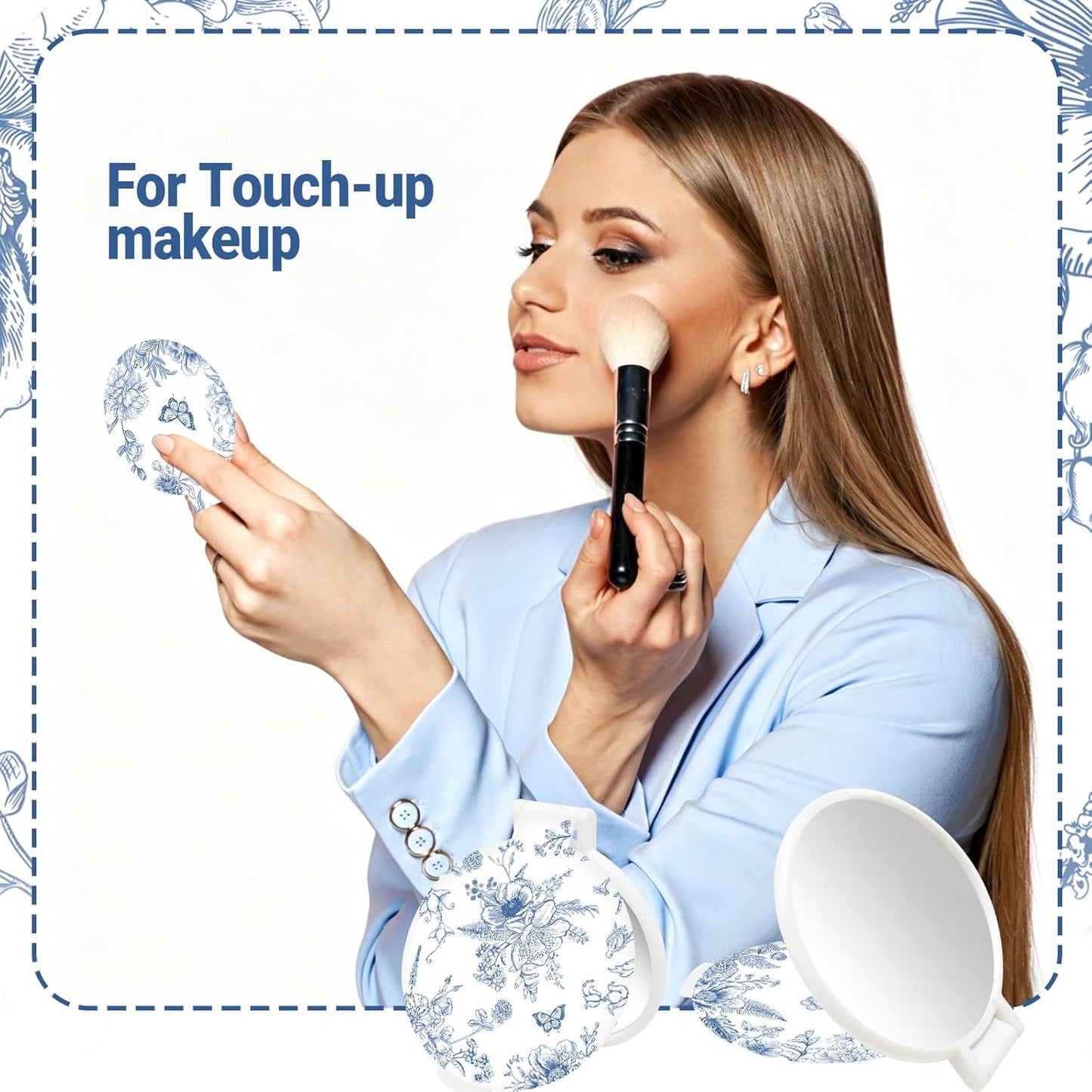 Blue Porcelain Compact Mirror Set - 50 Pcs Round Folding Makeup Mirrors | Portable Purse Size Gifts for Women