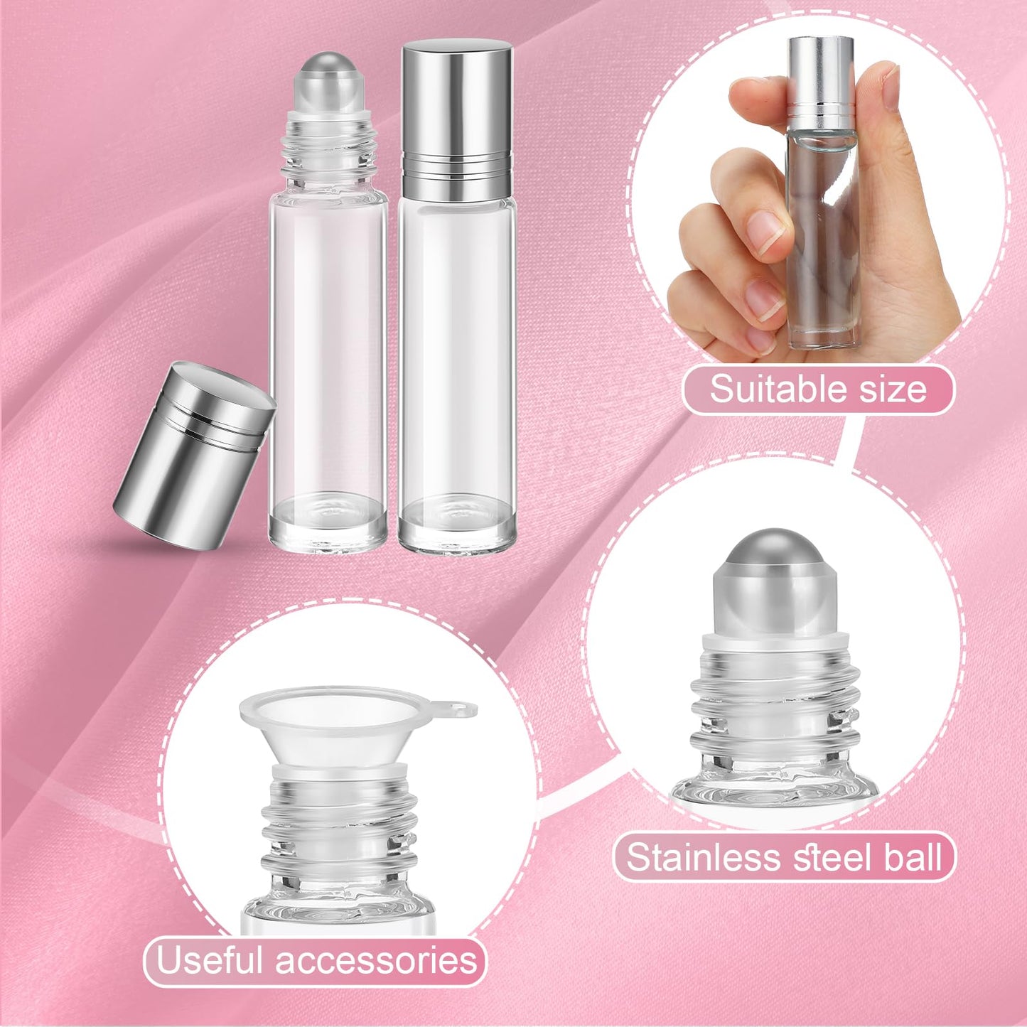 SEEWEY 96 Pcs Essential Oil Roller Bottles 10ml Empty Glass Roller Bottles with Stainless Steel Balls Protection Leakproof with 5 Funnel for Travel Perfume Lip Gloss (Clear, White Lid)