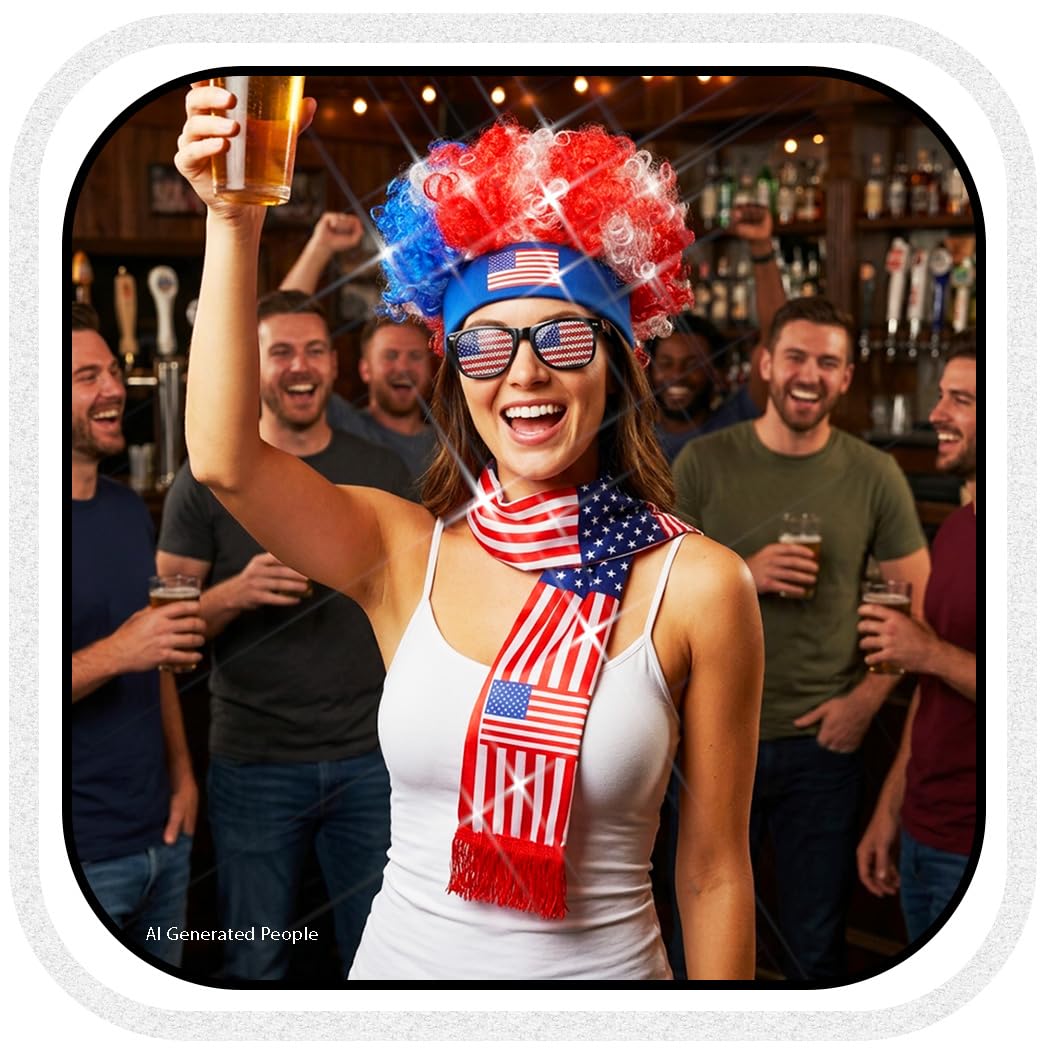 BODIY Soccer Sport Match Flag Head Accessories Football Fans Wig Flags Scarf Game Day Glasses for Men and Women (America)