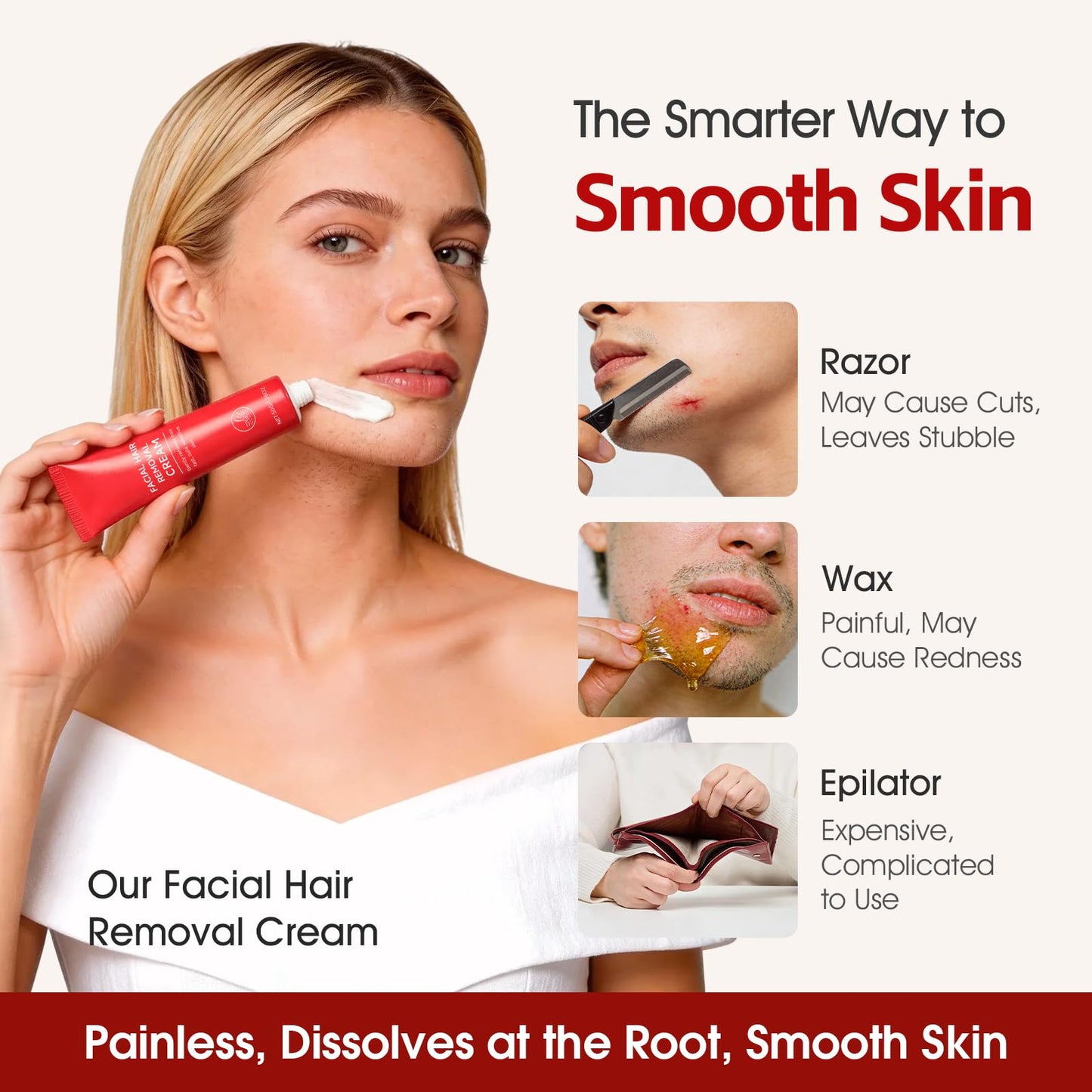 Facial Hair Removal Cream for Women, Gentle & Painless 2-in-1 Face Hair Removal Creams with Soothing Cream for Sensitive Skin, Depilatory Creams for Face Upper Lip Chin, For Smooth Skin 2.03 Fl Oz