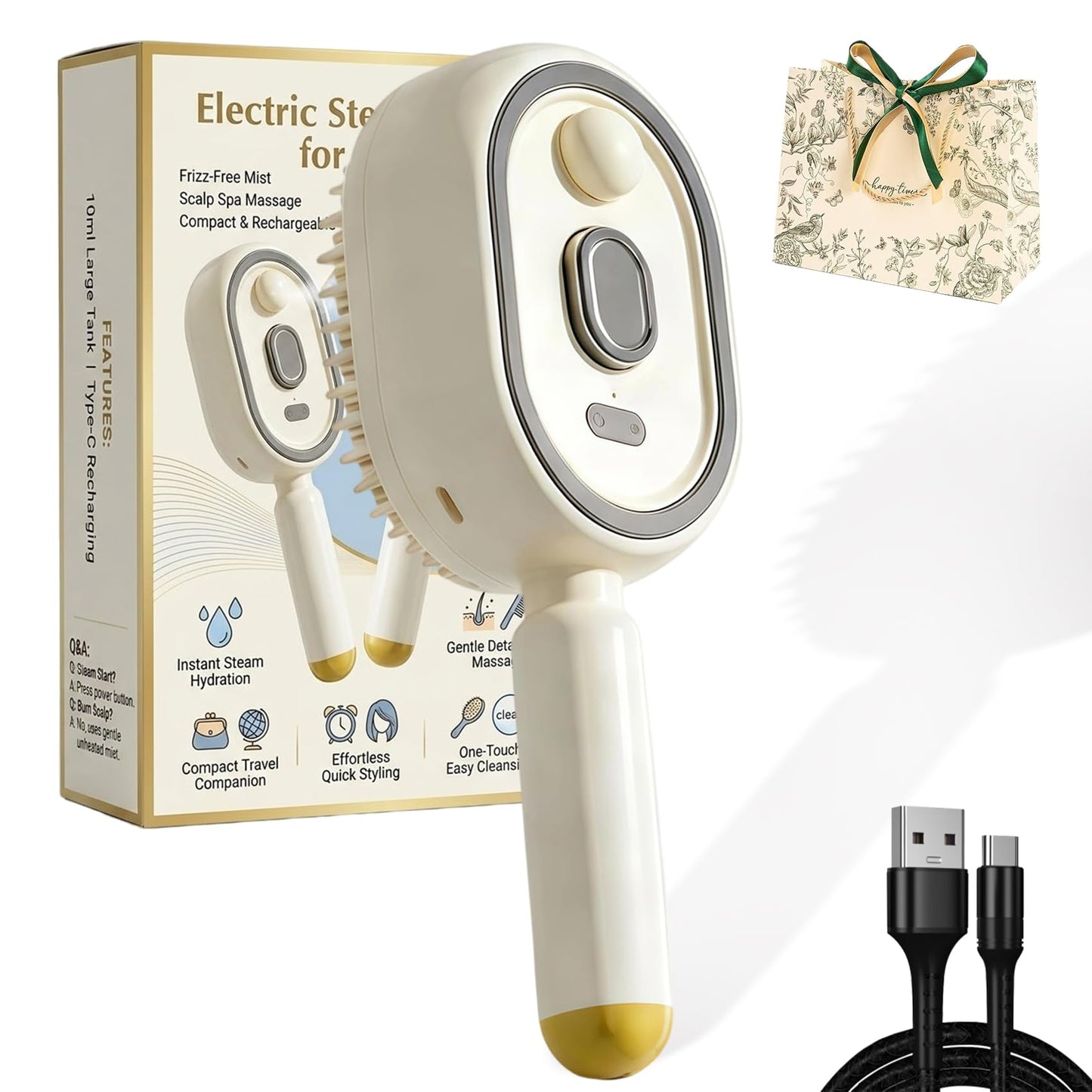 2026 New Electric Spray Air Cushion Massage Comb, Rechargeable Electric Steam Brush for Hair, Frizz-Free Mist Hair Brush Electric for Busy Commuters & Quick Styling Before Dates (Beige)
