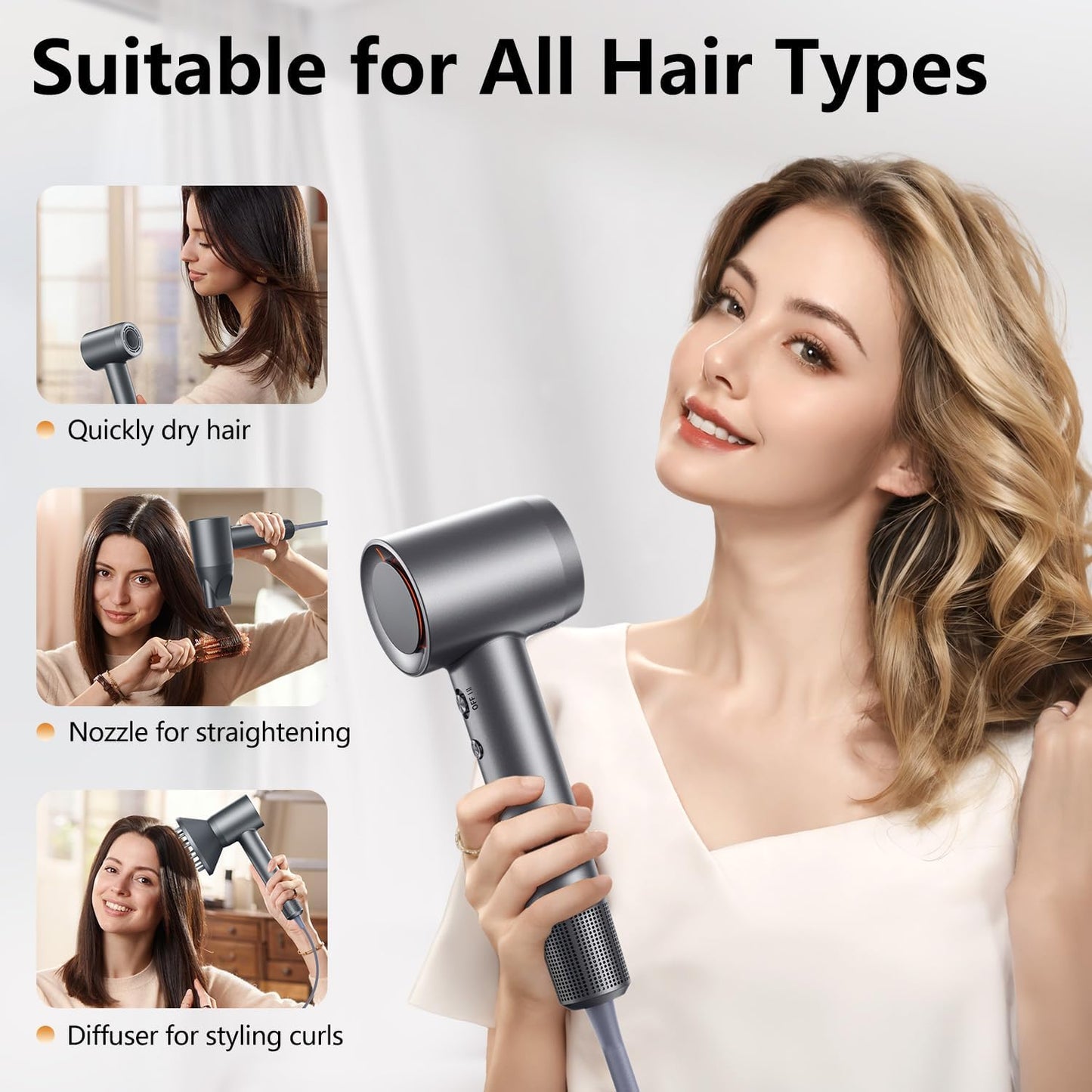 Fast Drying Hair Dryer - High-Speed Blow Dryer with 500 Million Negative Ions | Lightweight, Low Noise, Professional with Diffuser & Nozzle, Gunmetal