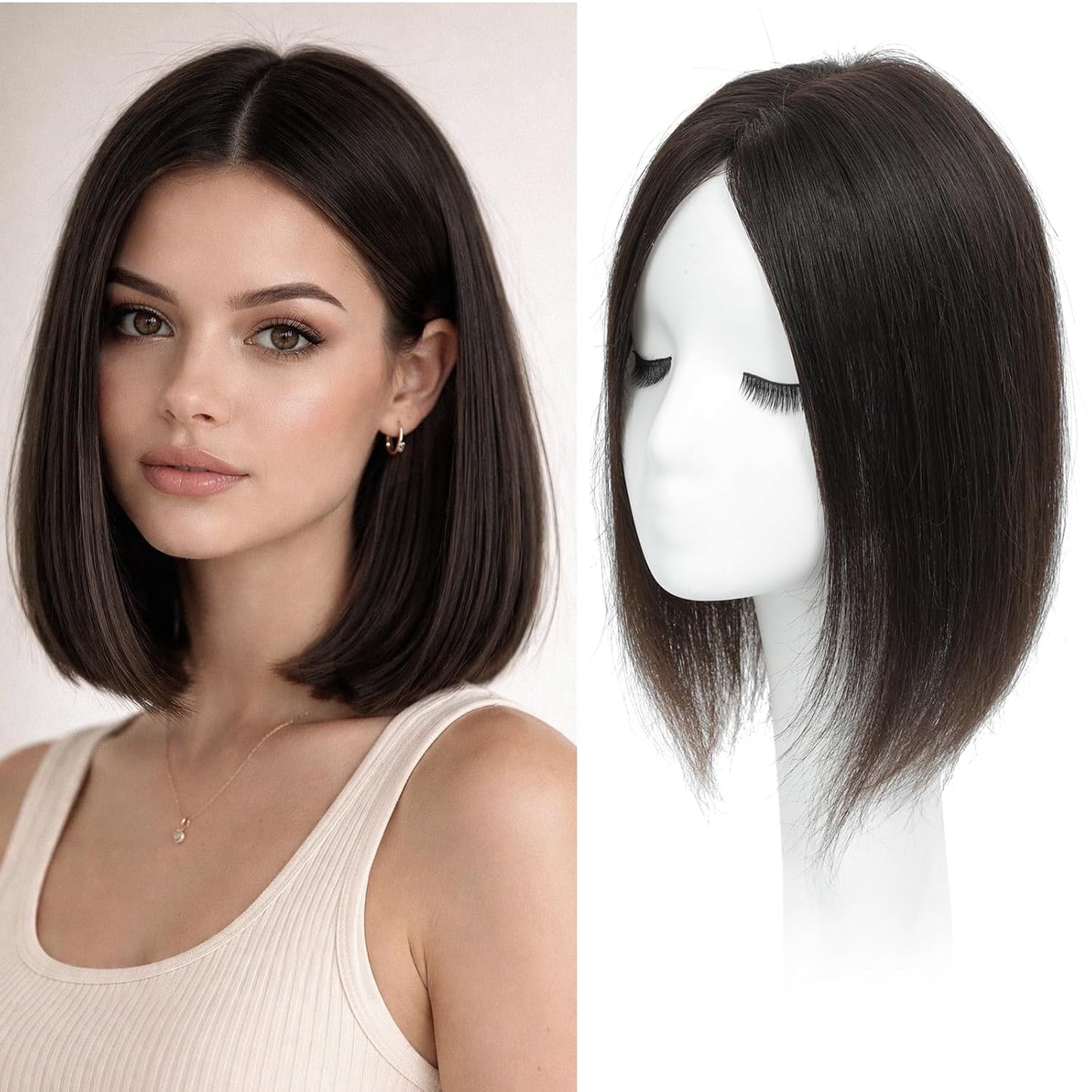 Real Human Hair Toppers for Women - 12 Inch Thinning Hairpieces | Dark Brown Color