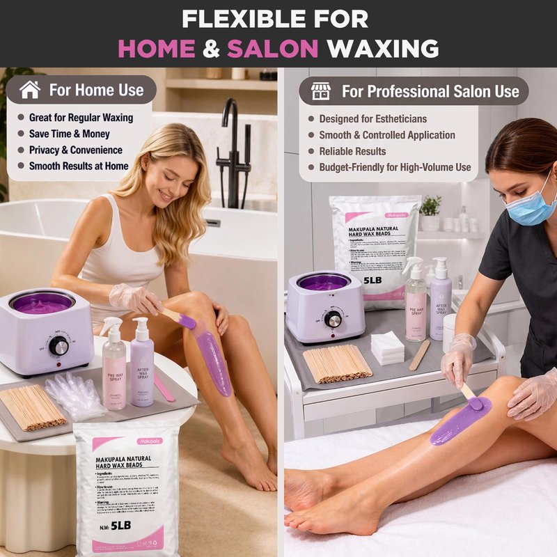 Makupala 5LB Lavender Hard Wax Beads, Stripless Bulk Wax for Full Body, Brazilian, Bikini & Underarms, Strong Grip Flexible Gel Formula for Coarse Hair, Low Temp for Estheticians & Frequent Home Users