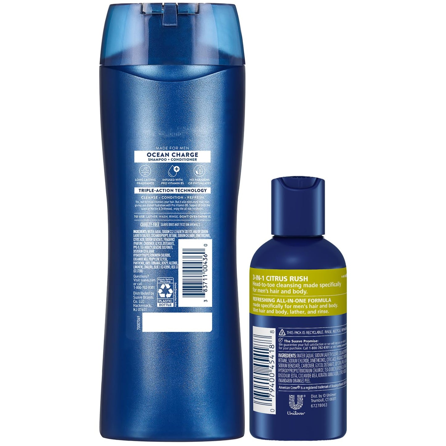 Suave Body Wash, Shampoo & Conditioner 3-in-1, Citrus Rush for Men, Travel Size + Shampoo and Conditioner 2-in-1, Ocean Charge for Men, Full Size, Twin Pack (3 Piece Set)
