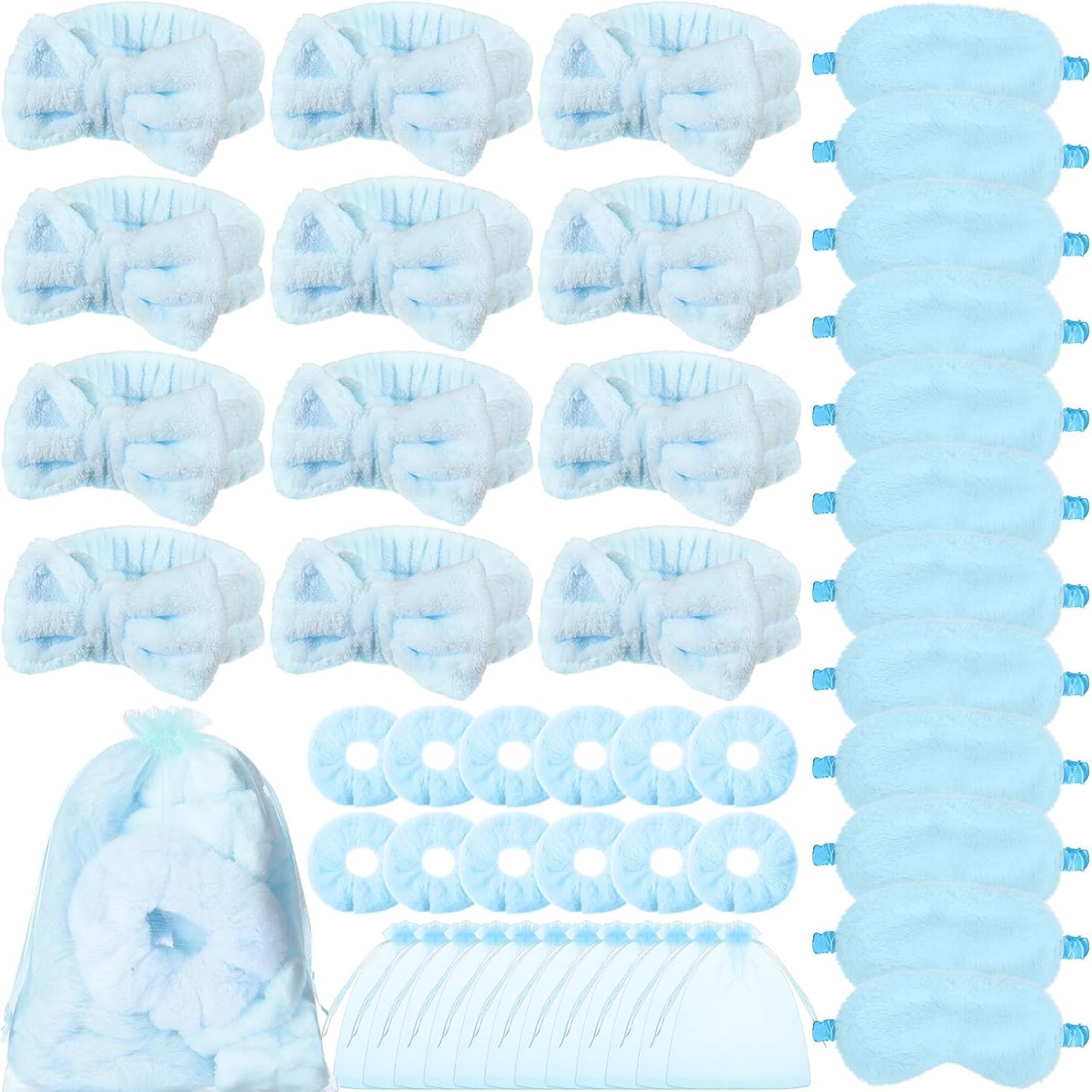 Mimorou Spa Party Supplies Set - 48 Pieces with Headbands, Eye Masks & Scrunchies | Pink, Blue, Purple