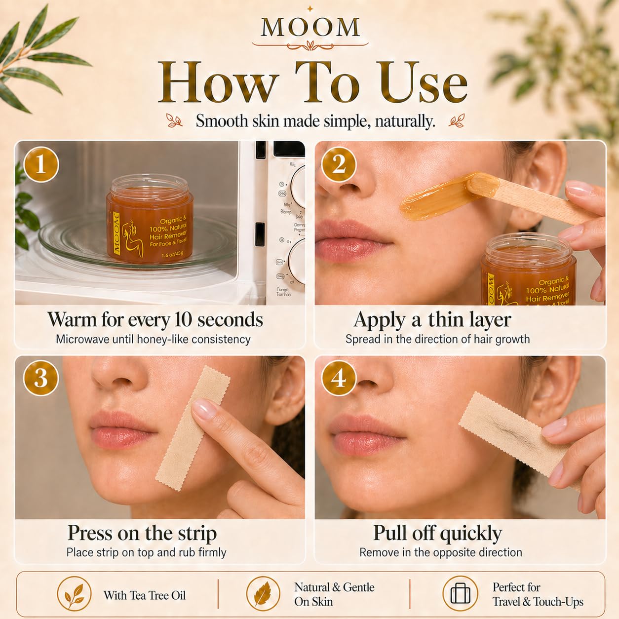 MOOM Facial Sugar Wax Hair Removal Kit Travel Size - Eyebrow Wax for Chin, Lip & Facial Hair Removal - Sugaring Wax with Tea Tree Oil, 1.6 oz wax Jar with 6 Reusable Wax Strips & 2 Applicator Sticks